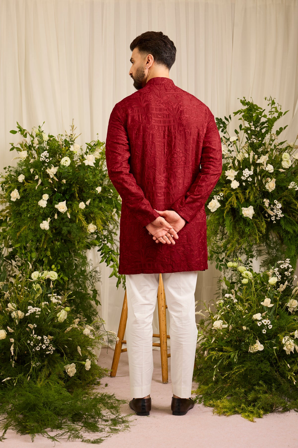 The Bastille — A Maroon short Kurta Draped in Mughal-Inspired Doori Work