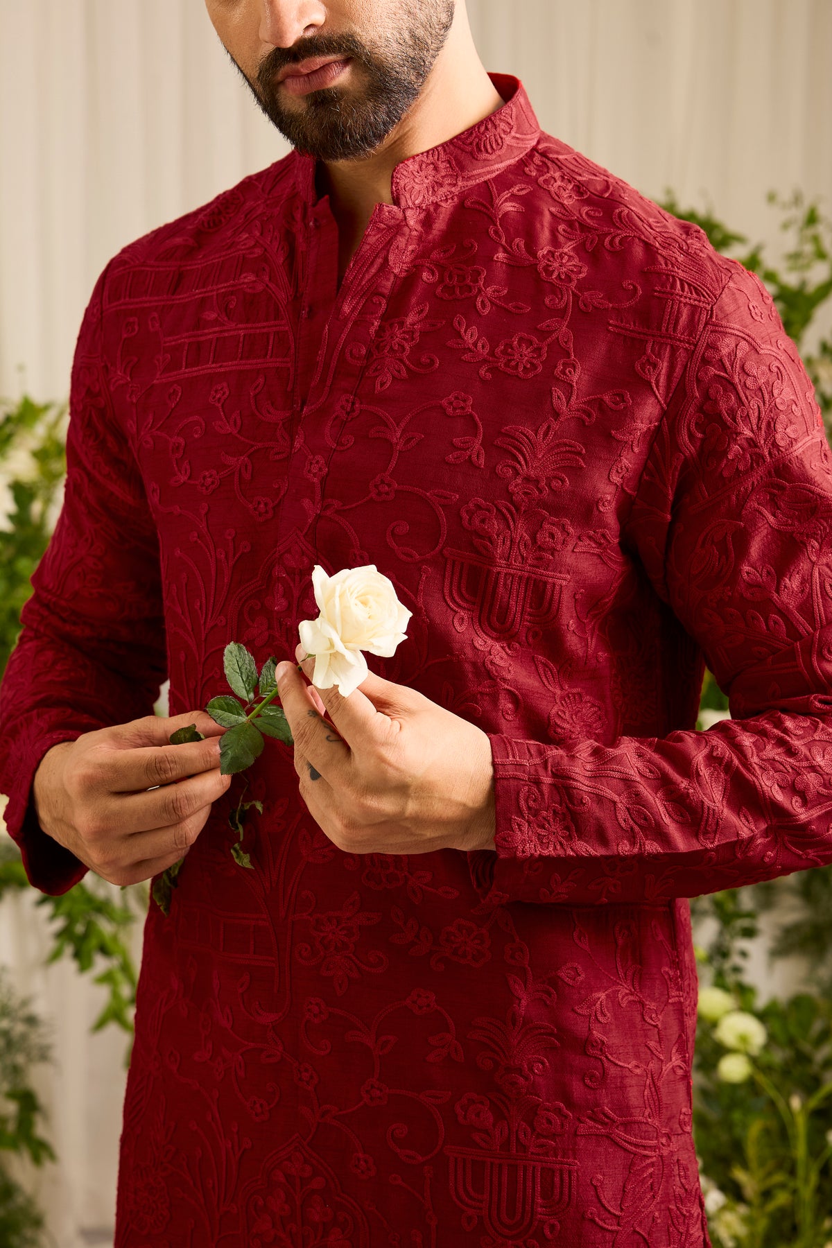 The Bastille — A Maroon short Kurta Draped in Mughal-Inspired Doori Work