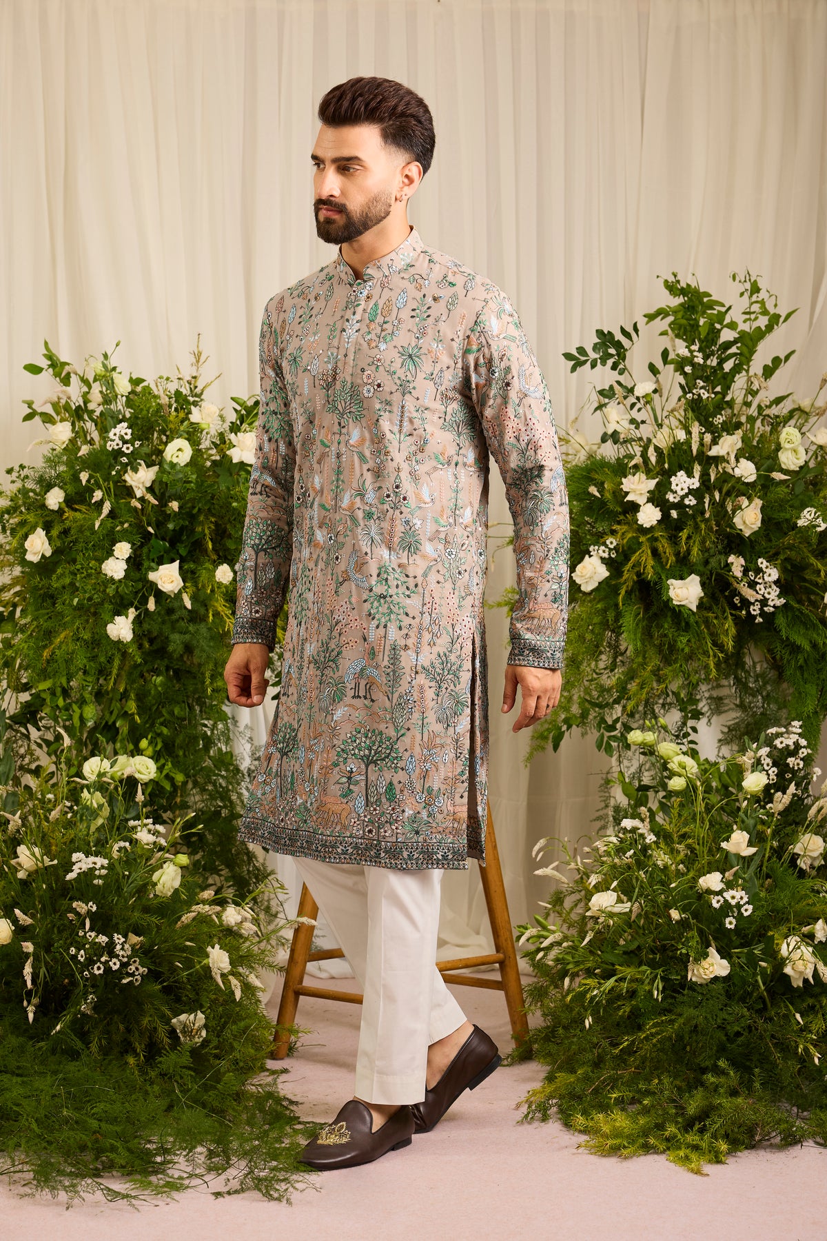 A Mouse Grey Kurta Alive with Tropical Embroidery
