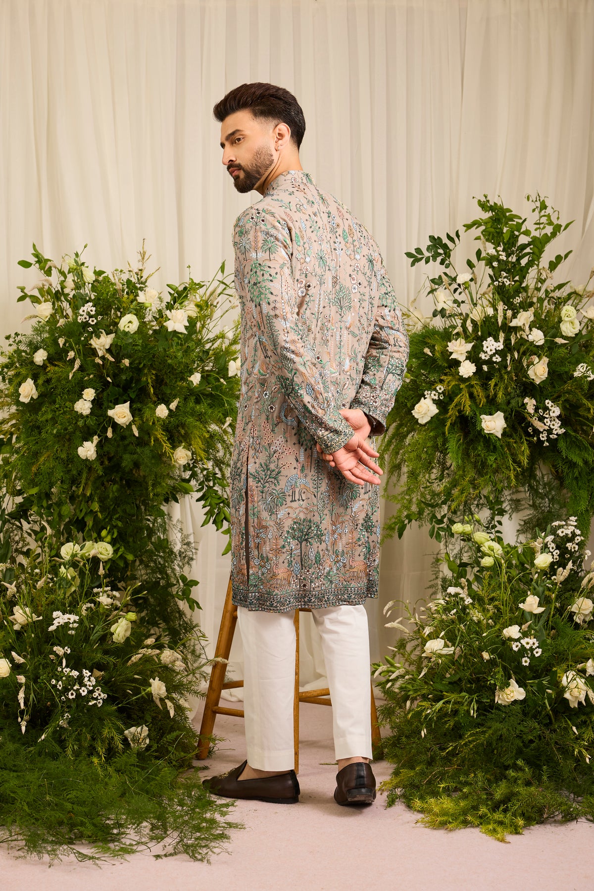 A Mouse Grey Kurta Alive with Tropical Embroidery