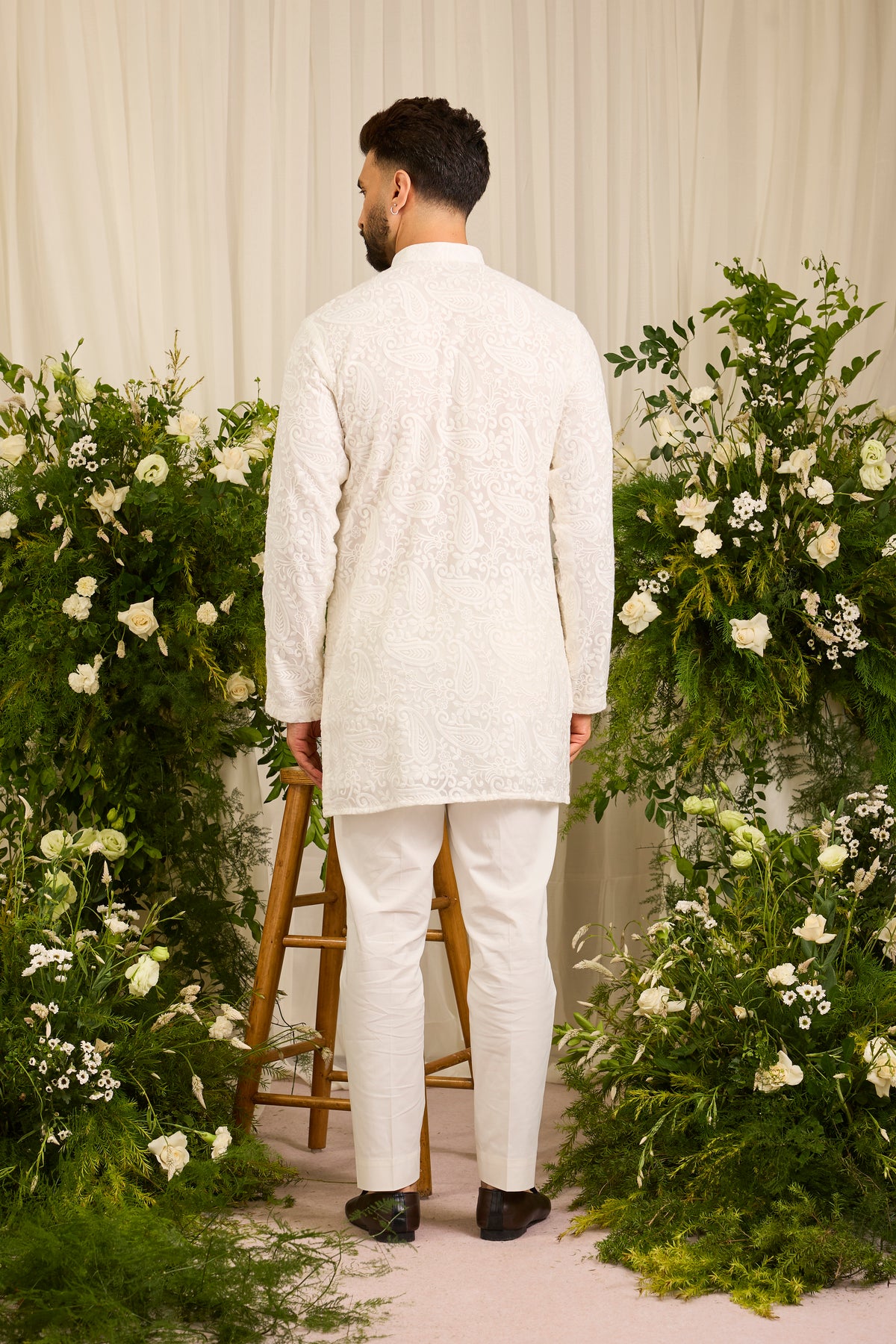 The Montaigne — A White paisley figured short Kurta in Tonal Ivory Embroidery