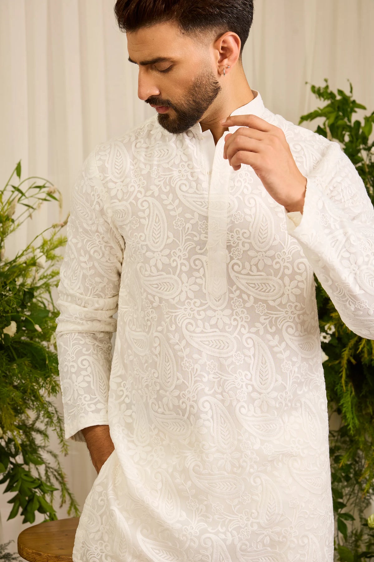 The Montaigne — A White paisley figured short Kurta in Tonal Ivory Embroidery