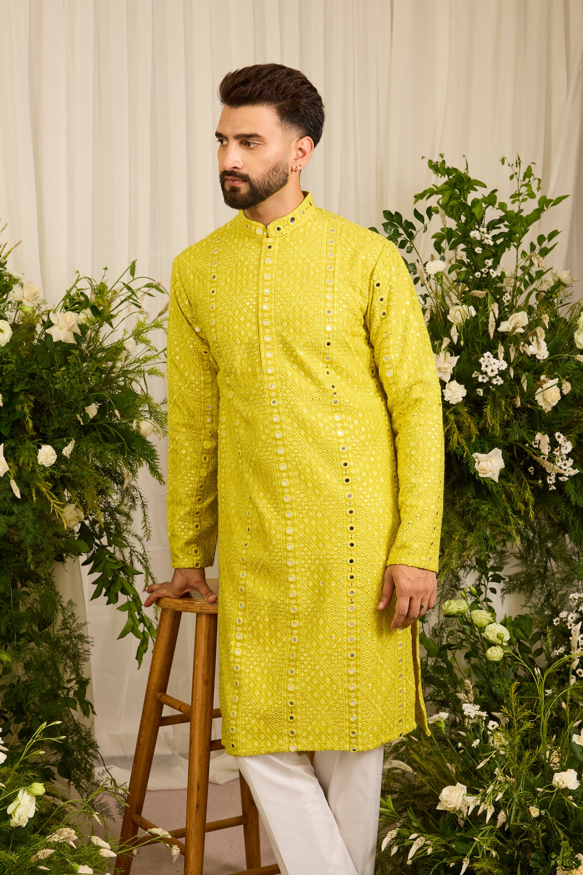 Signature Neon yellow mirror work Kurta with Intricate Yellow Threadwork