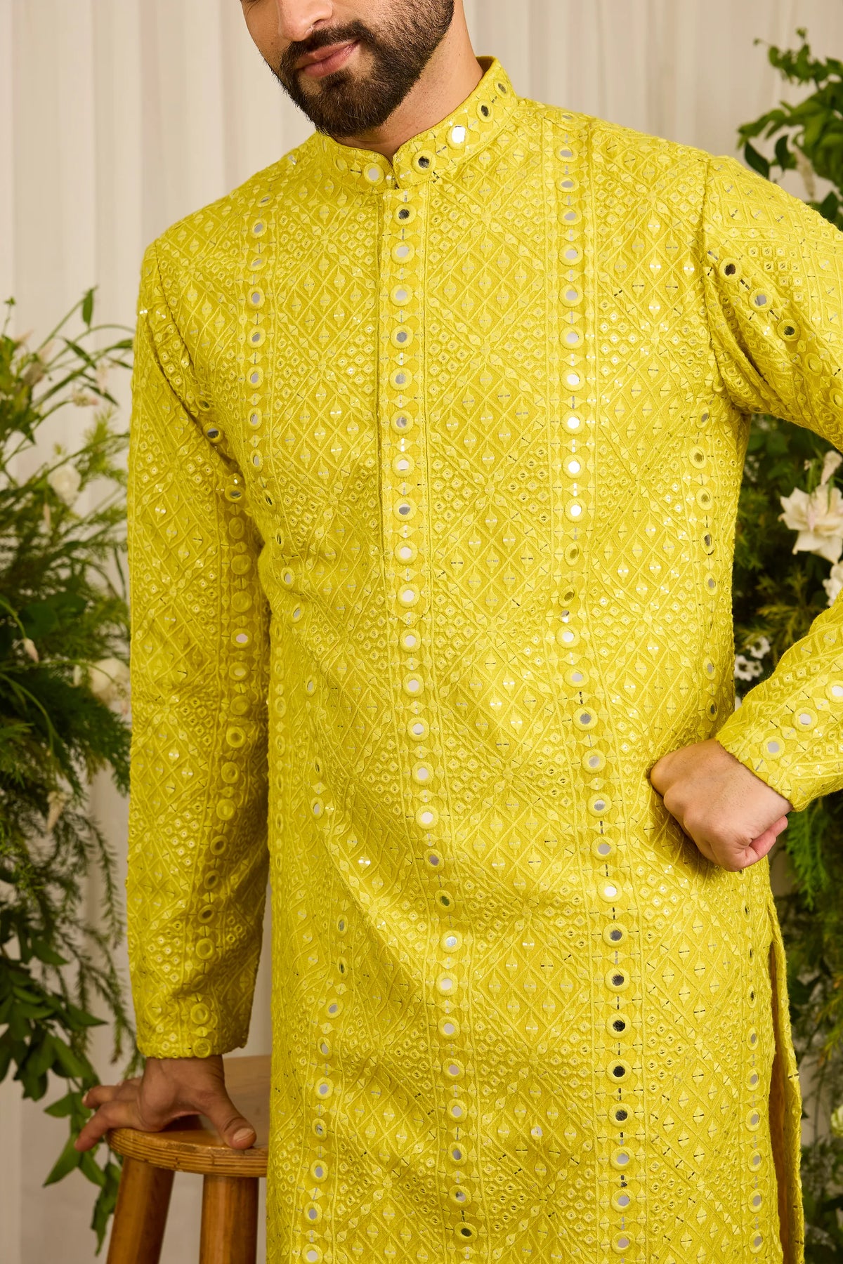 Signature Neon yellow mirror work Kurta with Intricate Yellow Threadwork