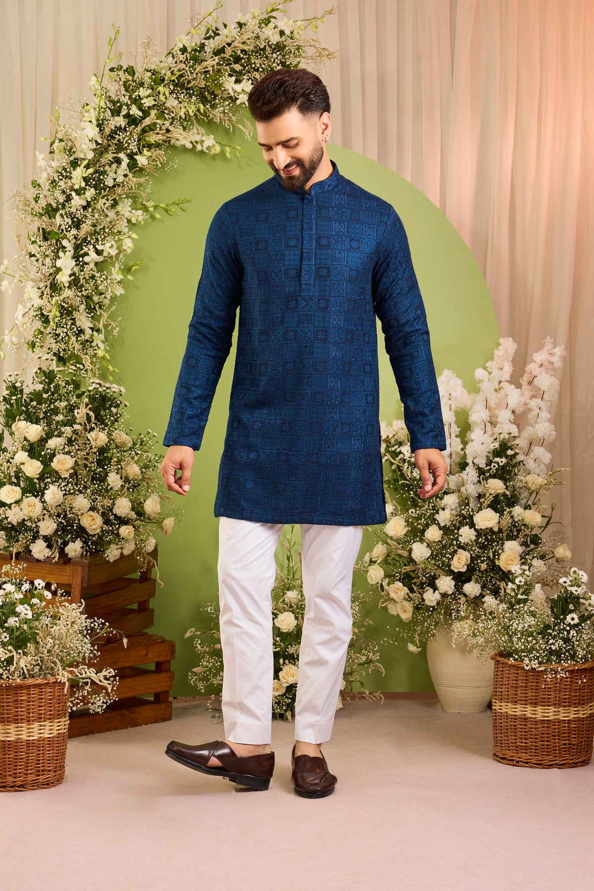 The moncler - A Classic Blue short Kurta Richly Worked in Thread