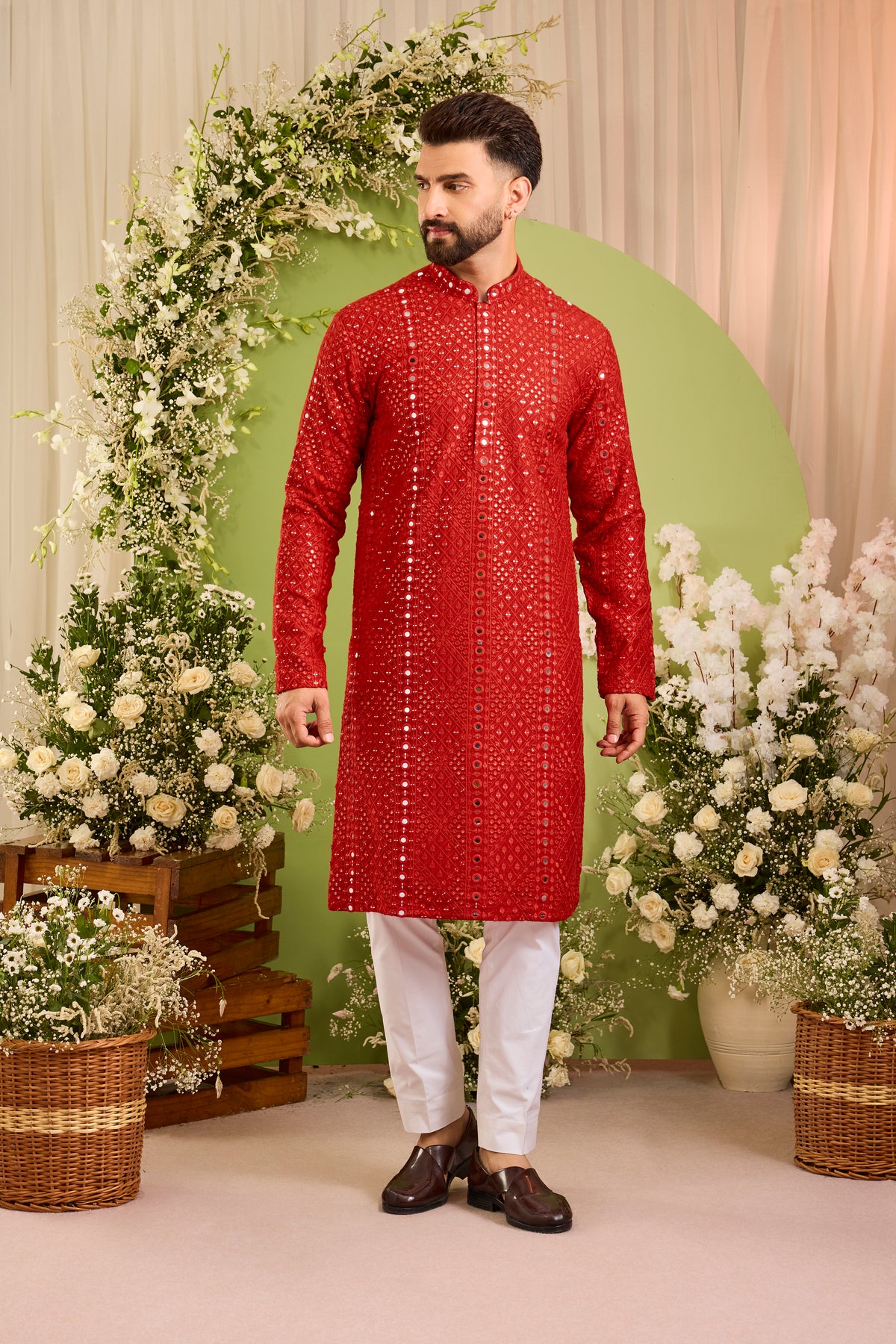 Signature Red mirror work Kurta with Intricate red Threadwork