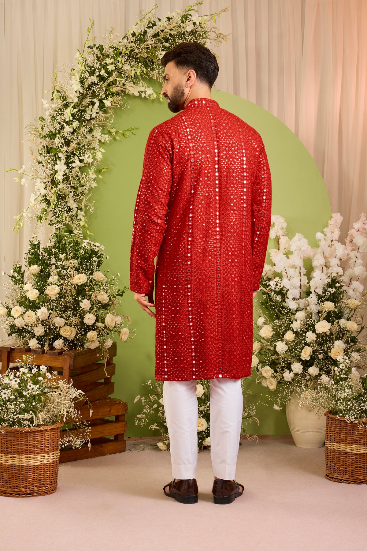 Signature Red mirror work Kurta with Intricate red Threadwork
