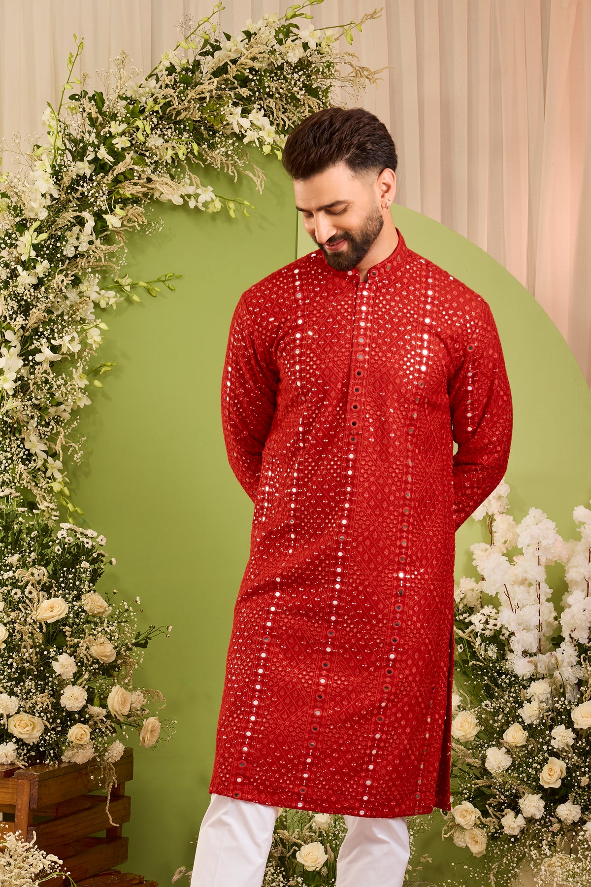 Signature Red mirror work Kurta with Intricate red Threadwork