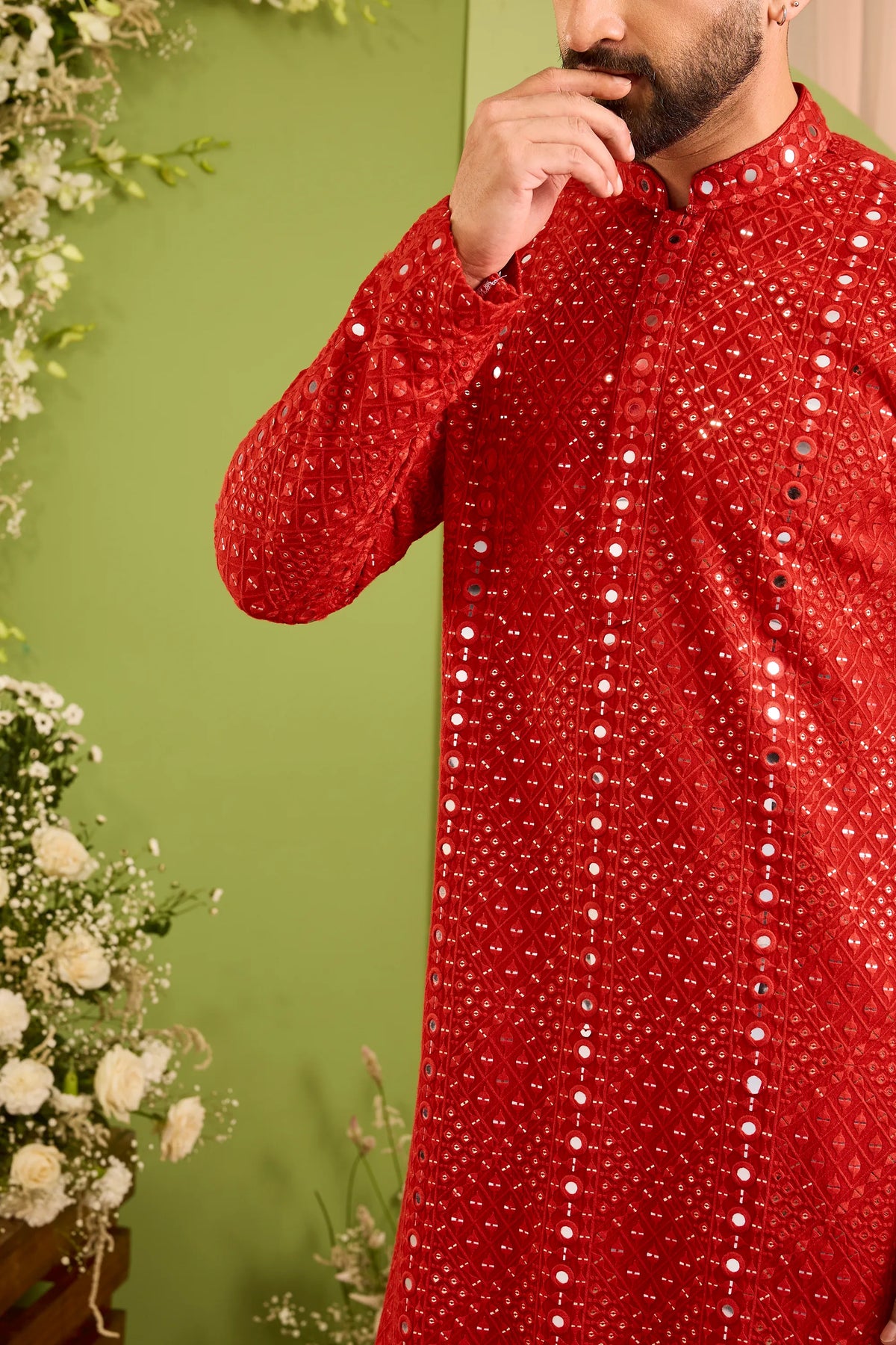 Signature Red mirror work Kurta with Intricate red Threadwork