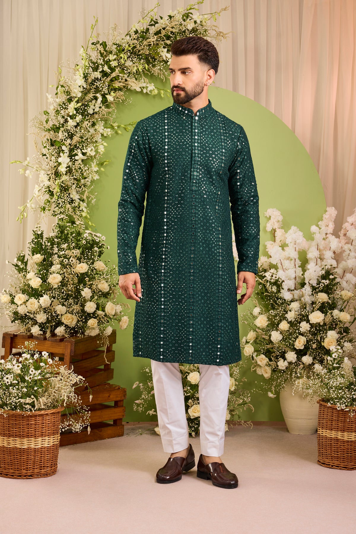 Signature bottle green mirror work Kurta with Intricate red Threadwork