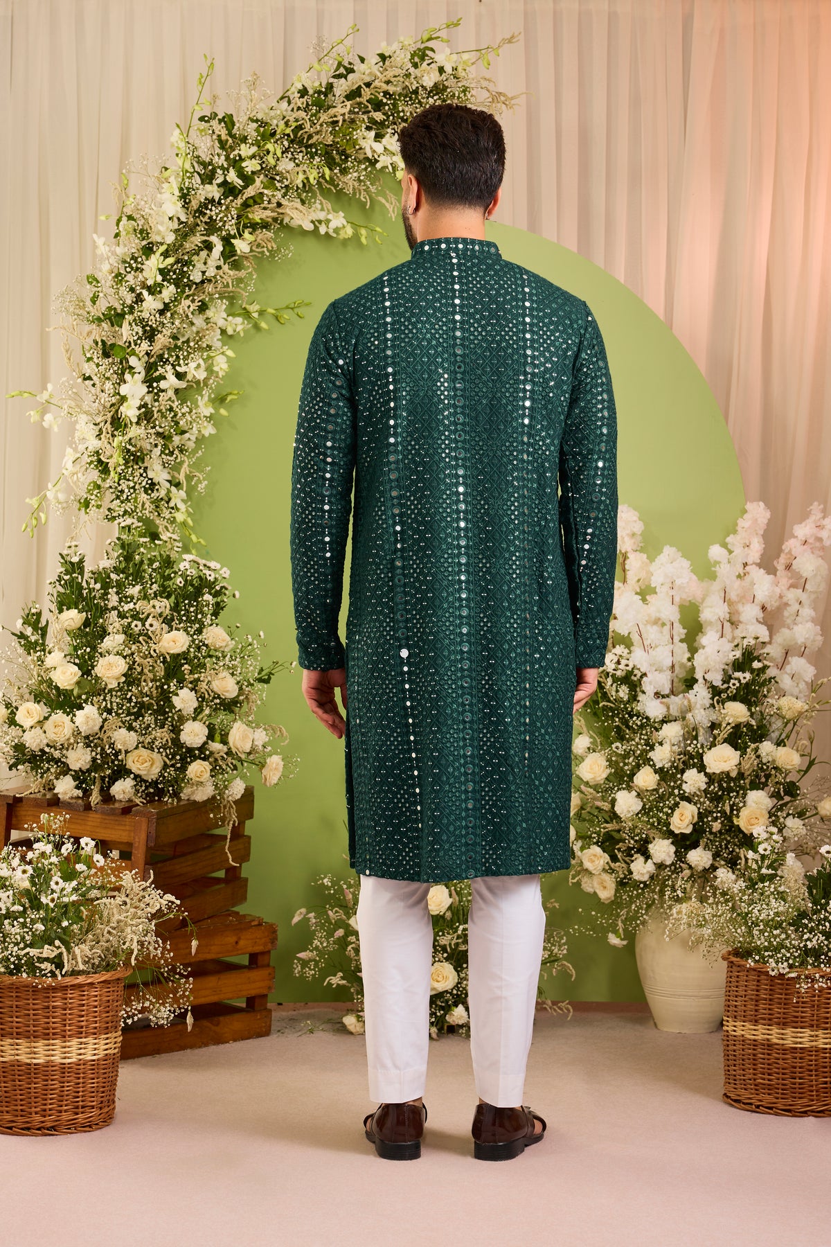 Signature bottle green mirror work Kurta with Intricate red Threadwork