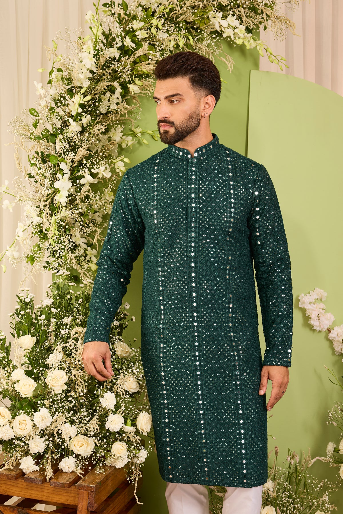 Signature bottle green mirror work Kurta with Intricate red Threadwork