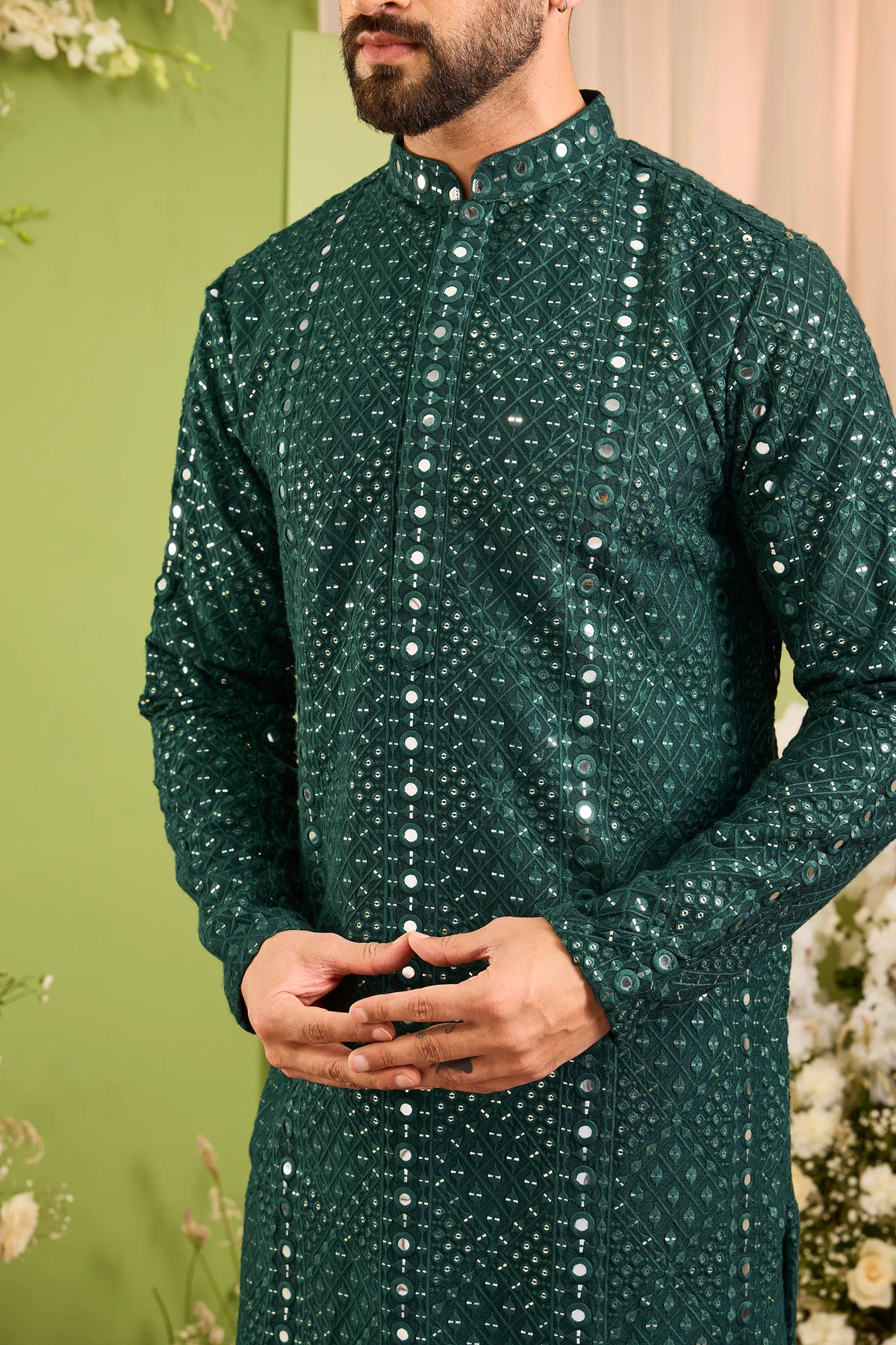 Signature bottle green mirror work Kurta with Intricate red Threadwork