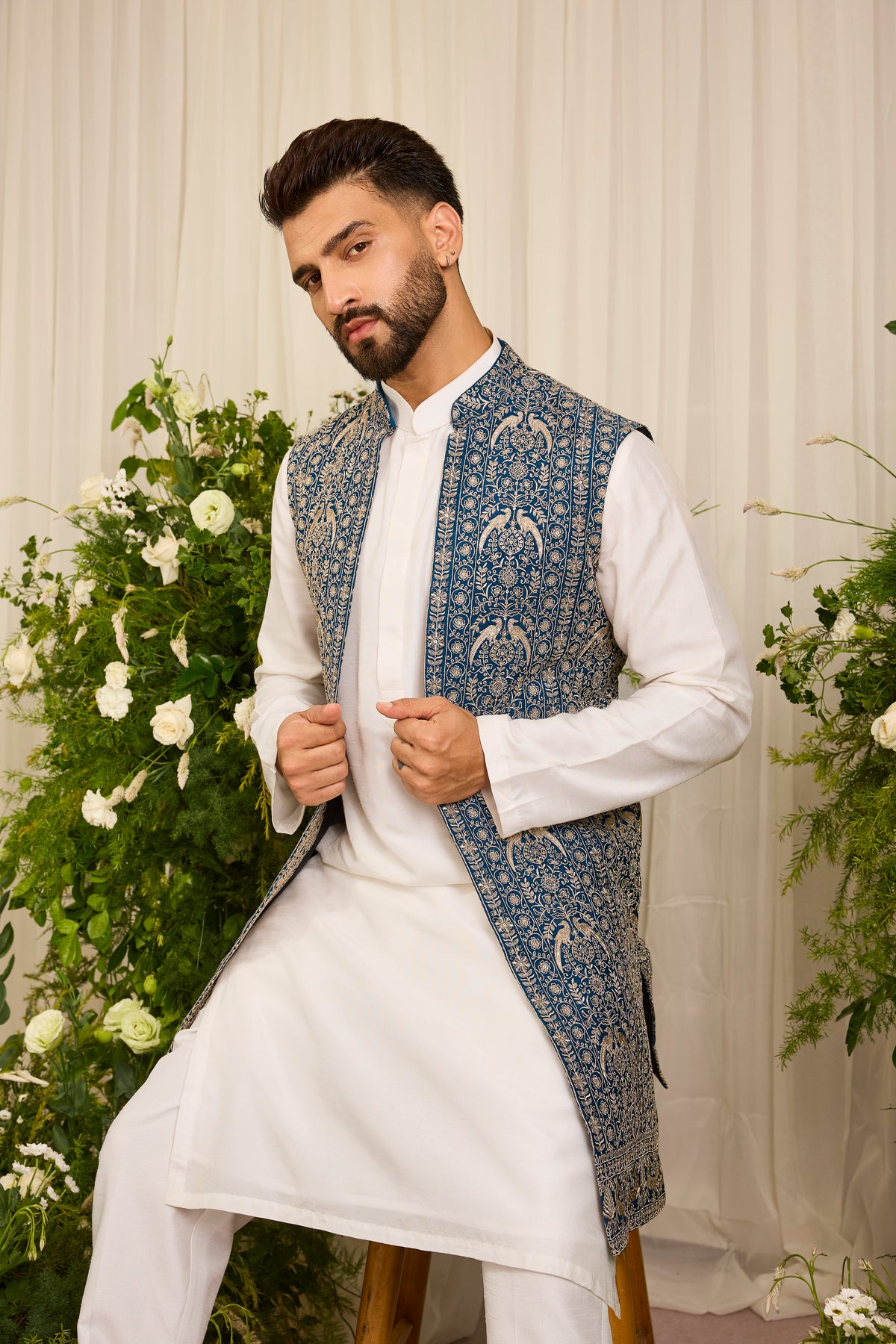 A Regal Blue long open jacket Woven with Ornate Zari Details