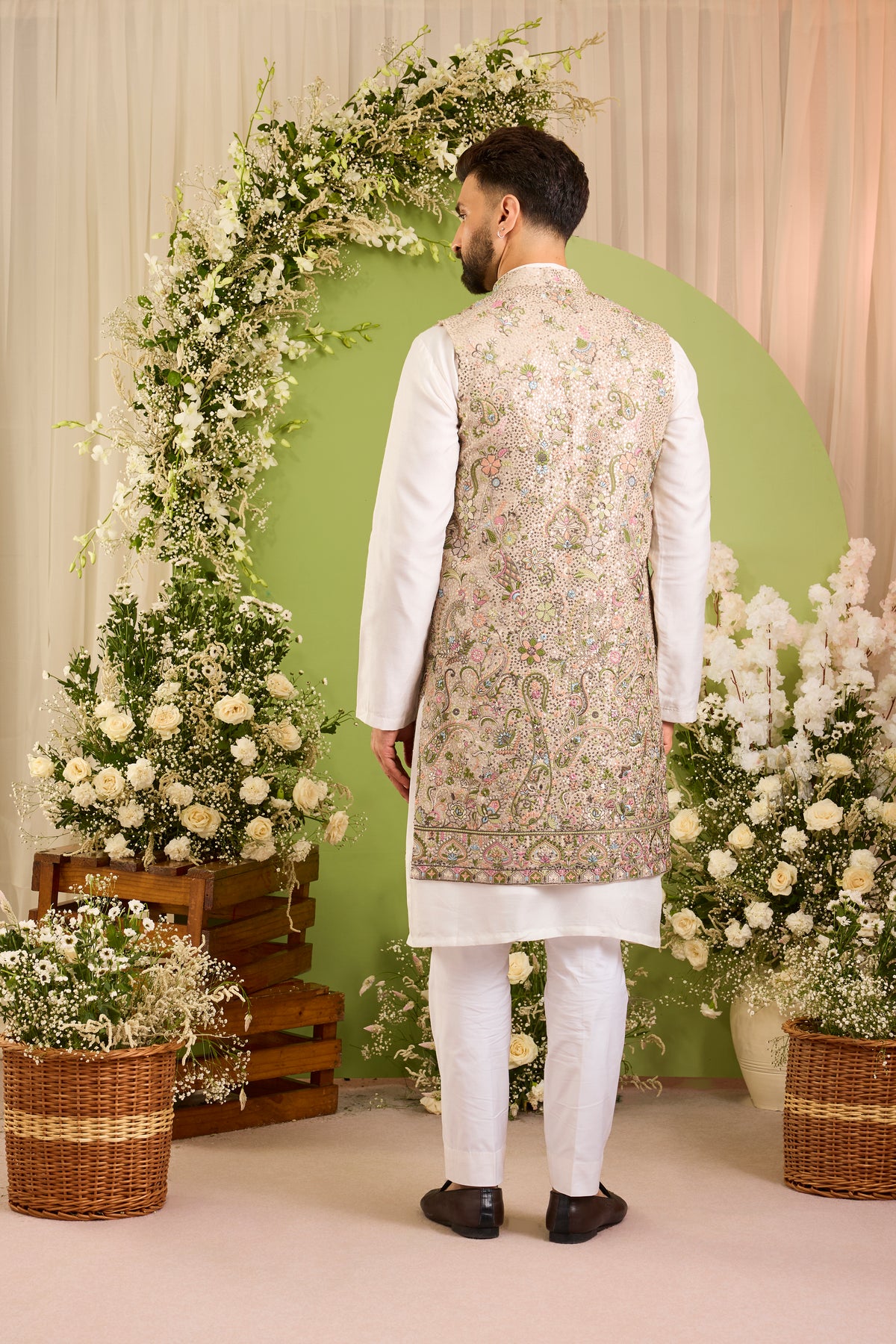 A Mouse Grey Sequined long open  Jacket with Floral Embroidery