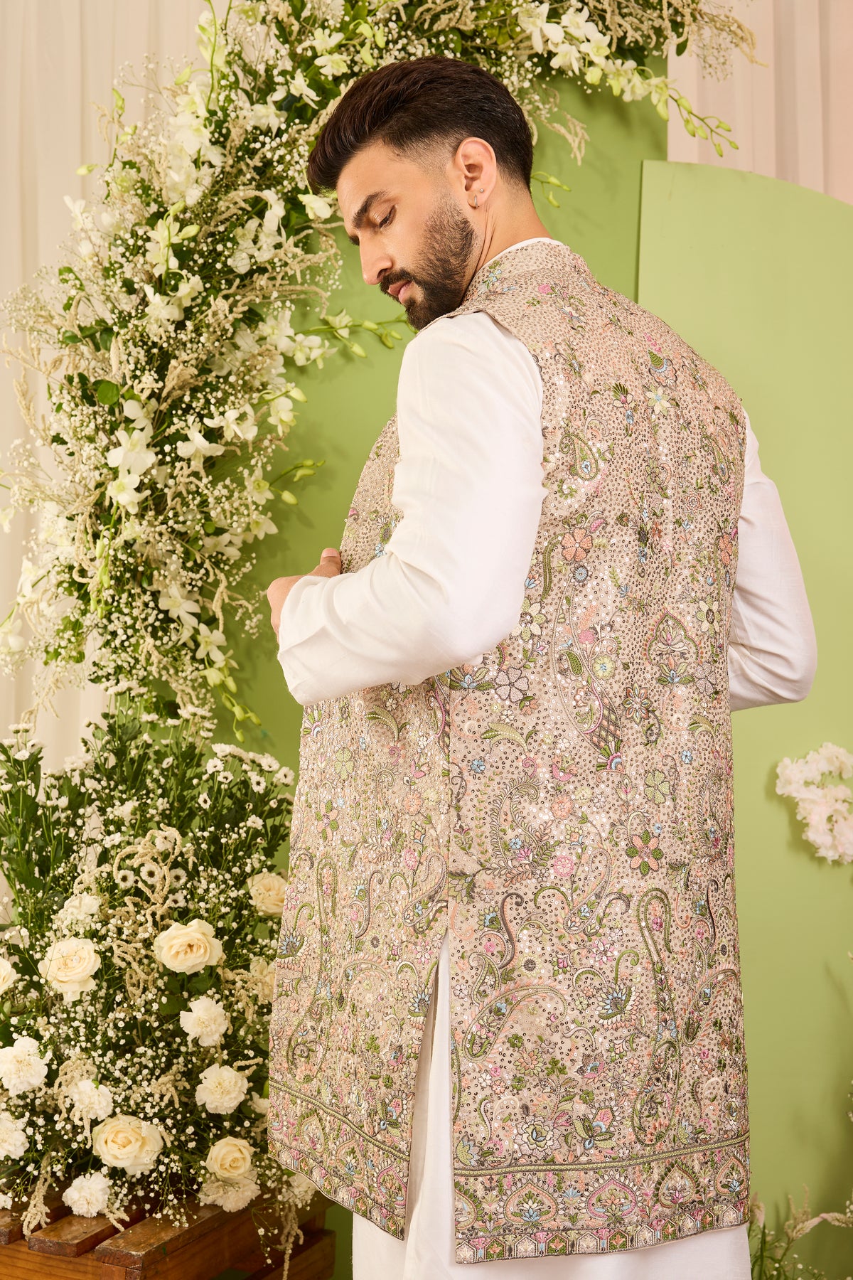 A Mouse Grey Sequined long open  Jacket with Floral Embroidery