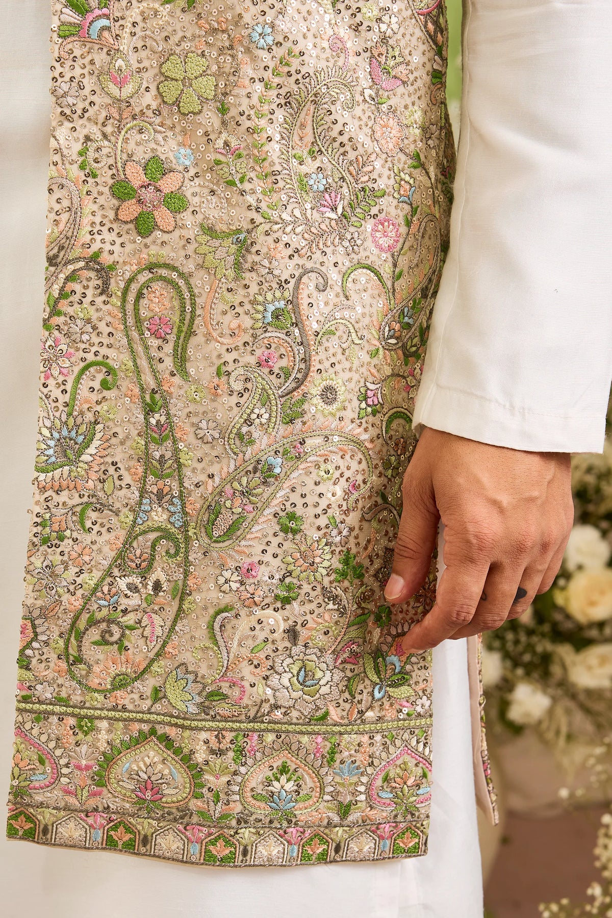 A Mouse Grey Sequined long open  Jacket with Floral Embroidery