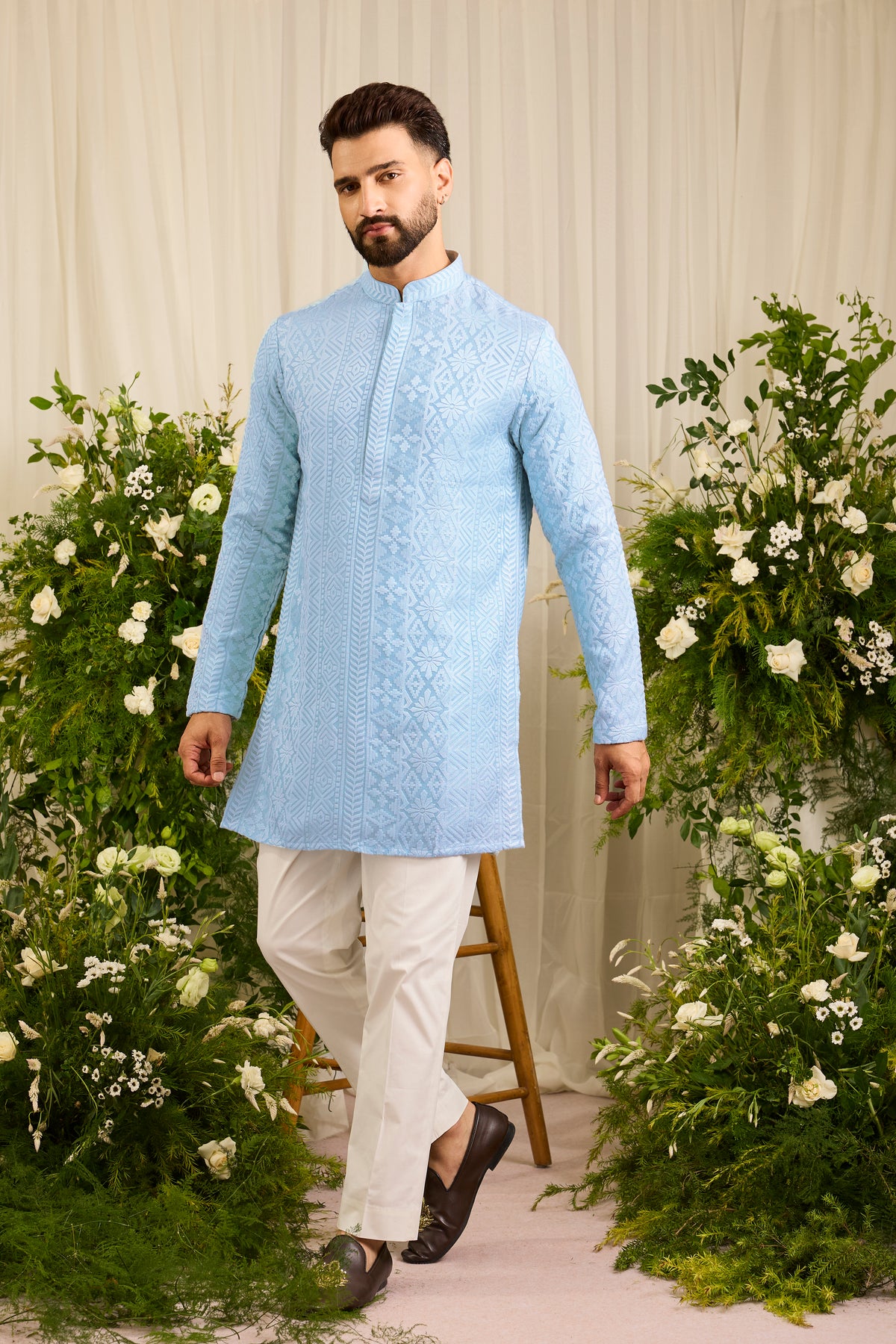 The moncler - A Classic powder Blue asbtract abstract Kurta Richly Worked in Thread