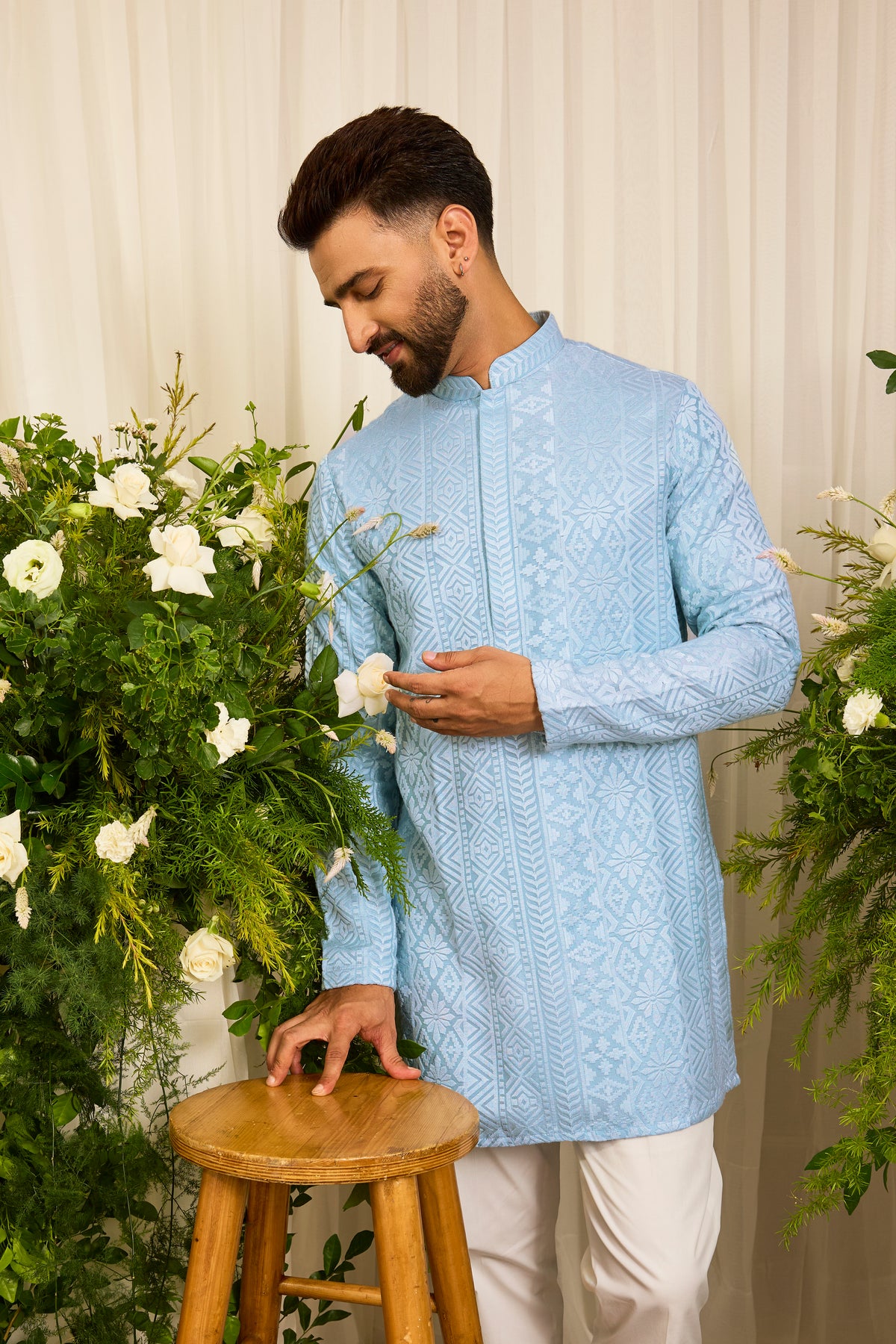 The moncler - A Classic powder Blue asbtract abstract Kurta Richly Worked in Thread