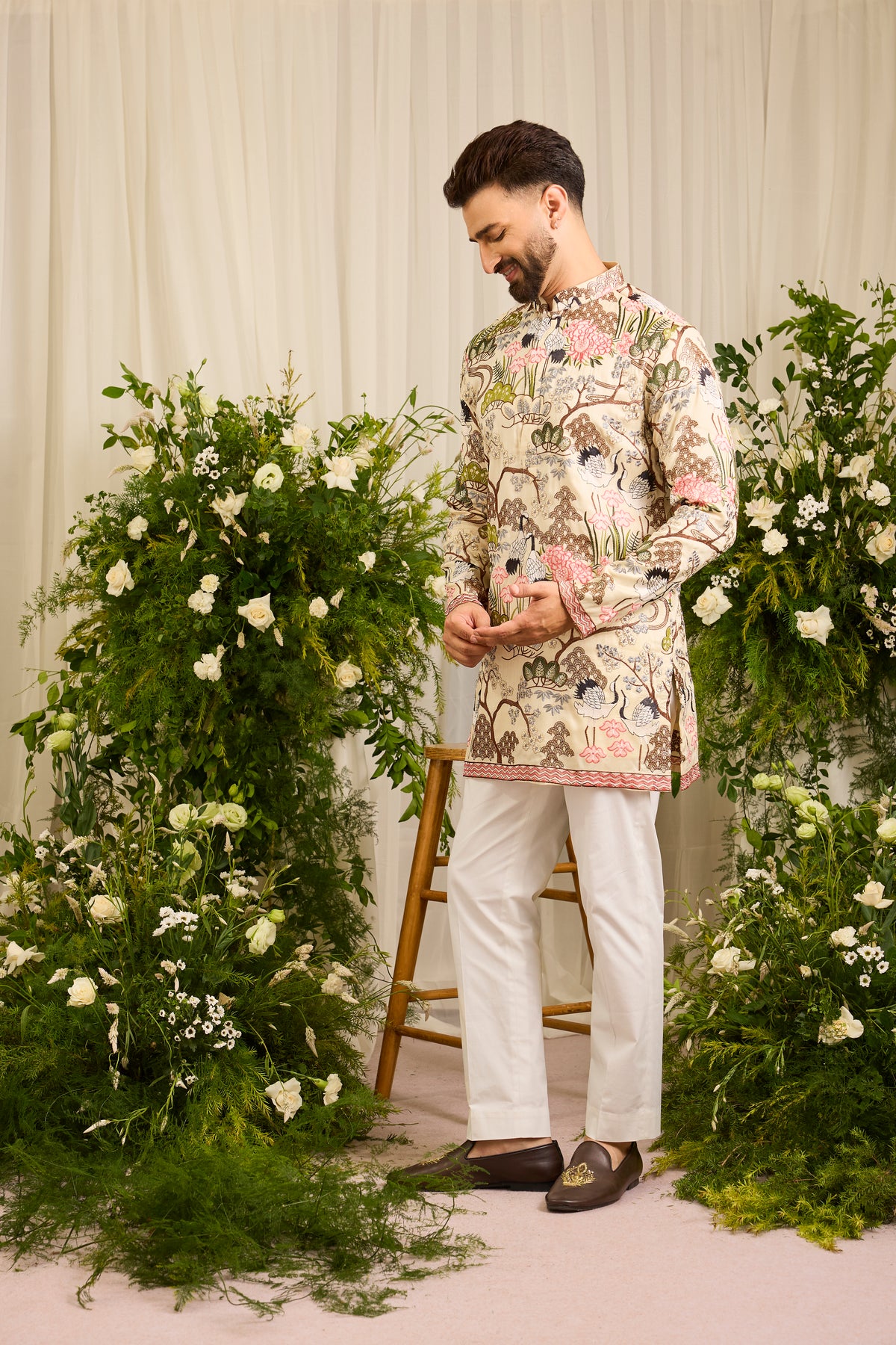 The Tropique -A Cream Kurta with Flamingos and Floral Detail