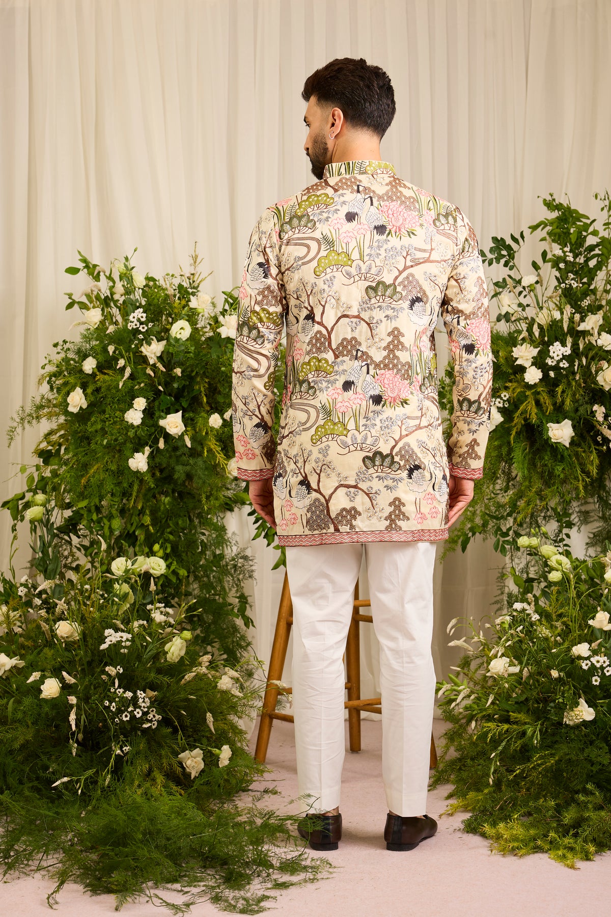 The Tropique -A Cream Kurta with Flamingos and Floral Detail