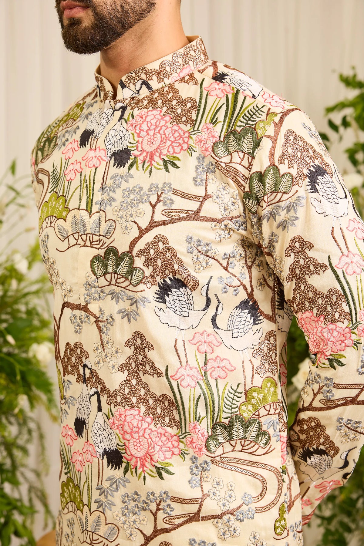 The Tropique -A Cream Kurta with Flamingos and Floral Detail