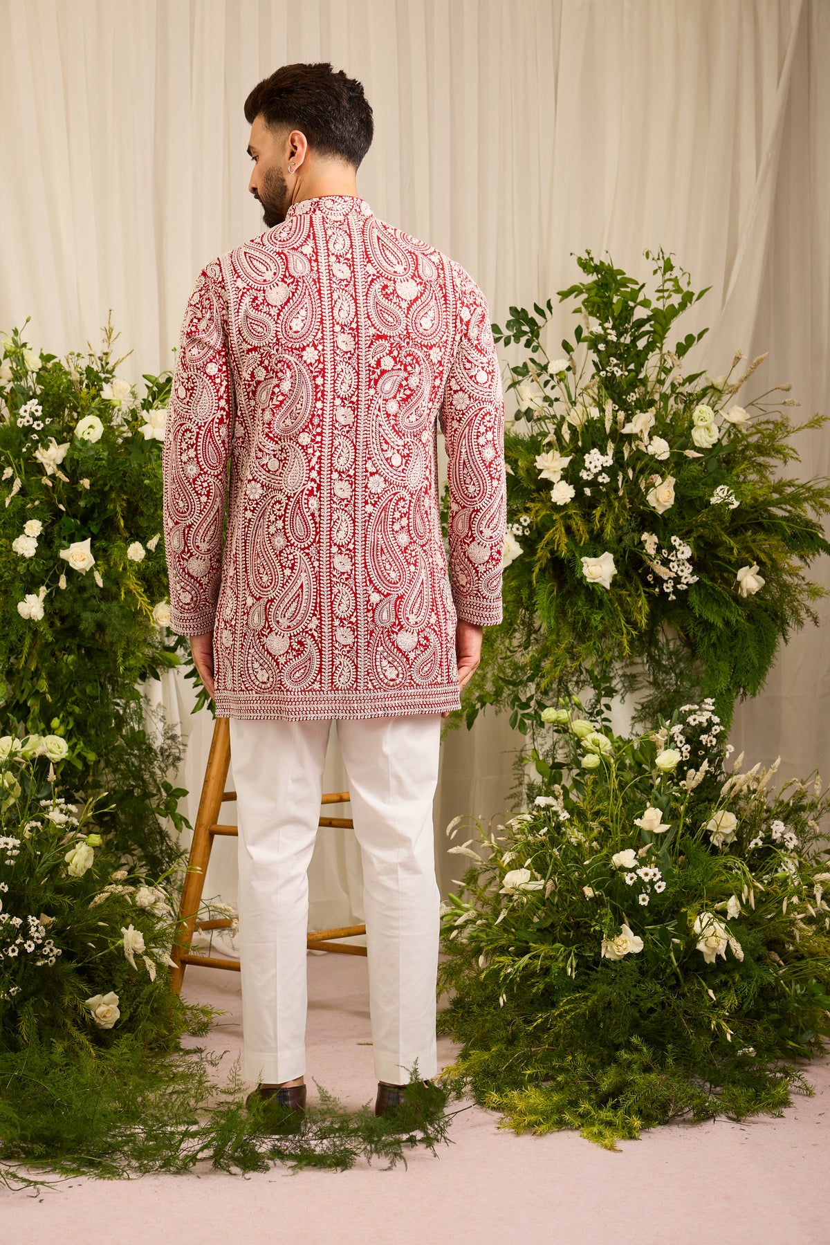 The Linden — Red short Chikankari Kurta Richly Embroidered in Ivory