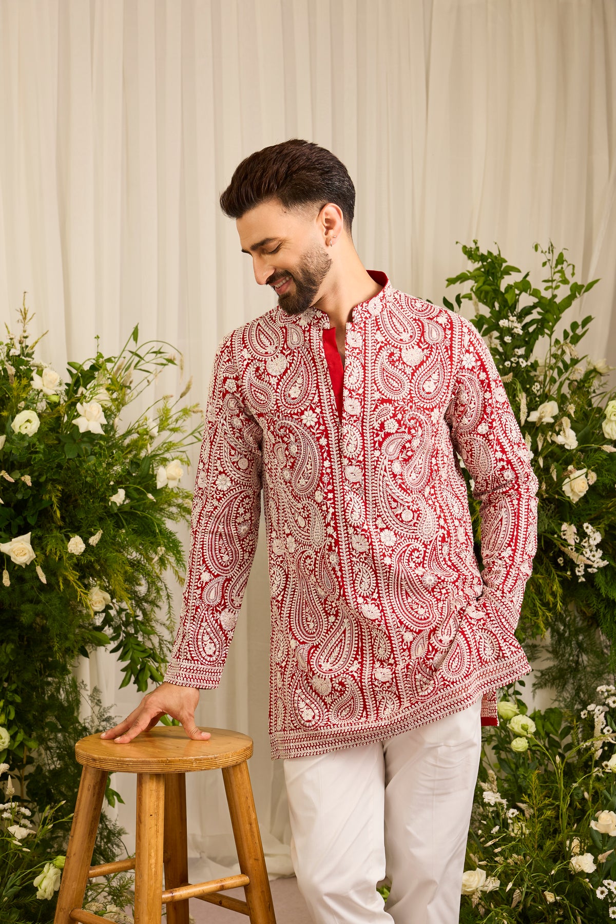 The Linden — Red short Chikankari Kurta Richly Embroidered in Ivory