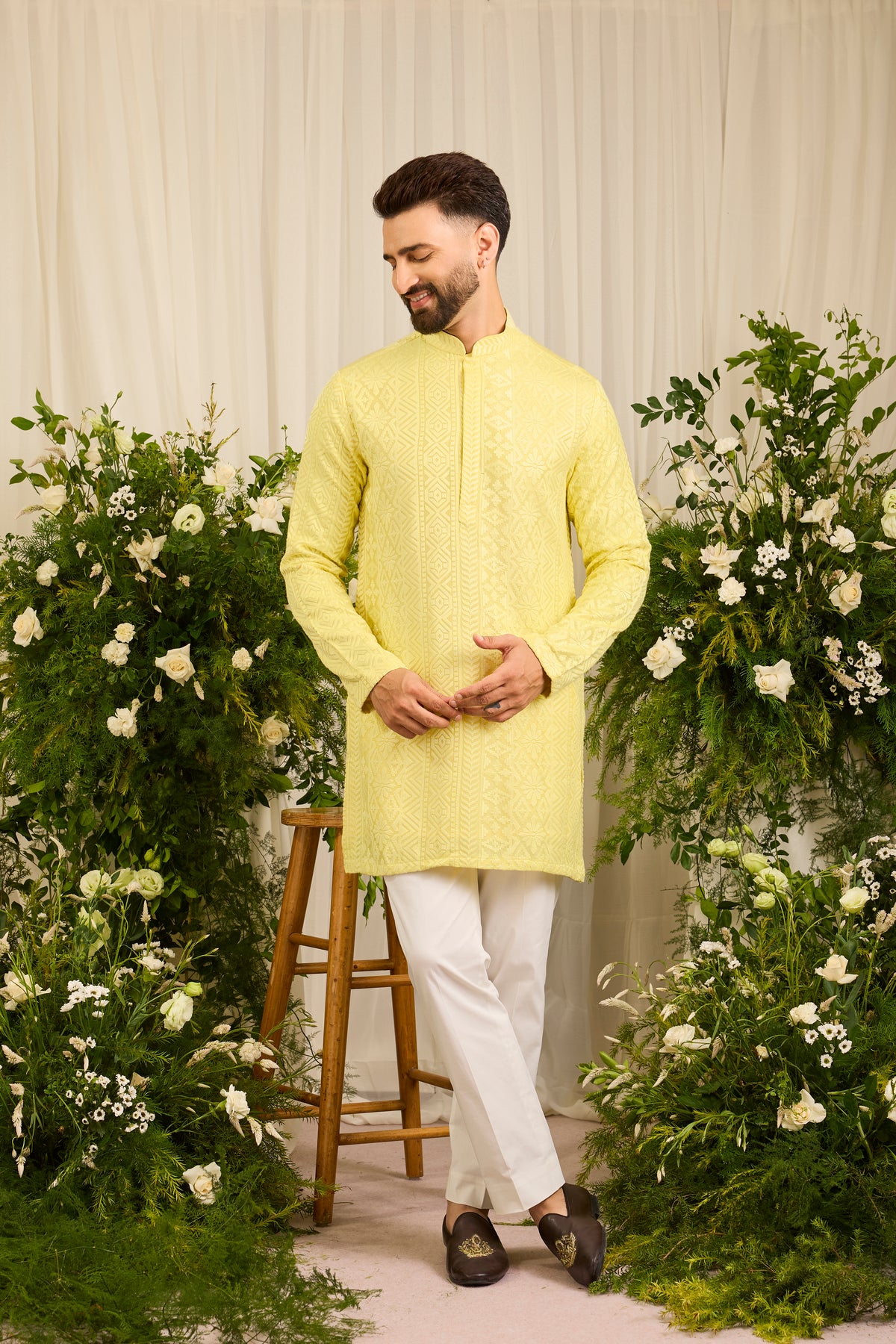 The moncler - A Classic yellow asbtract  Kurta Richly Worked in Thread