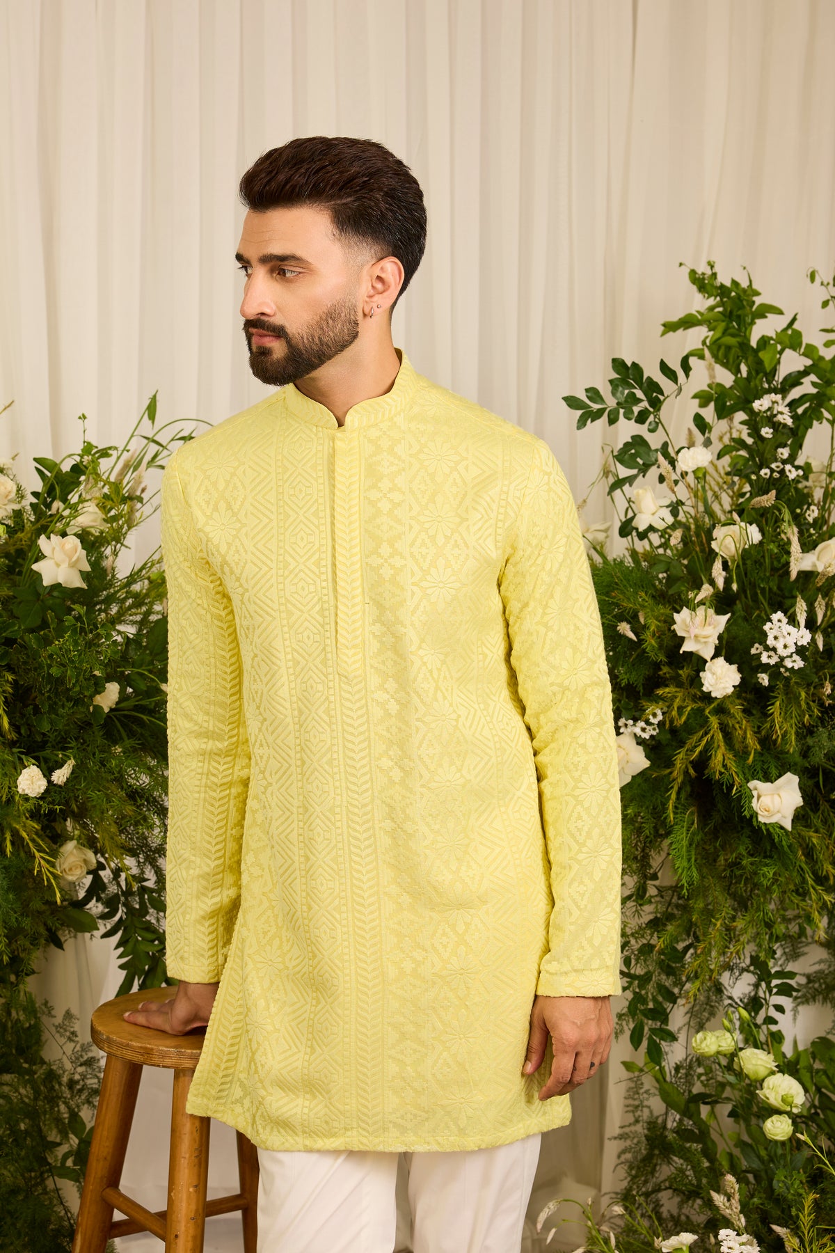 The moncler - A Classic yellow asbtract  Kurta Richly Worked in Thread