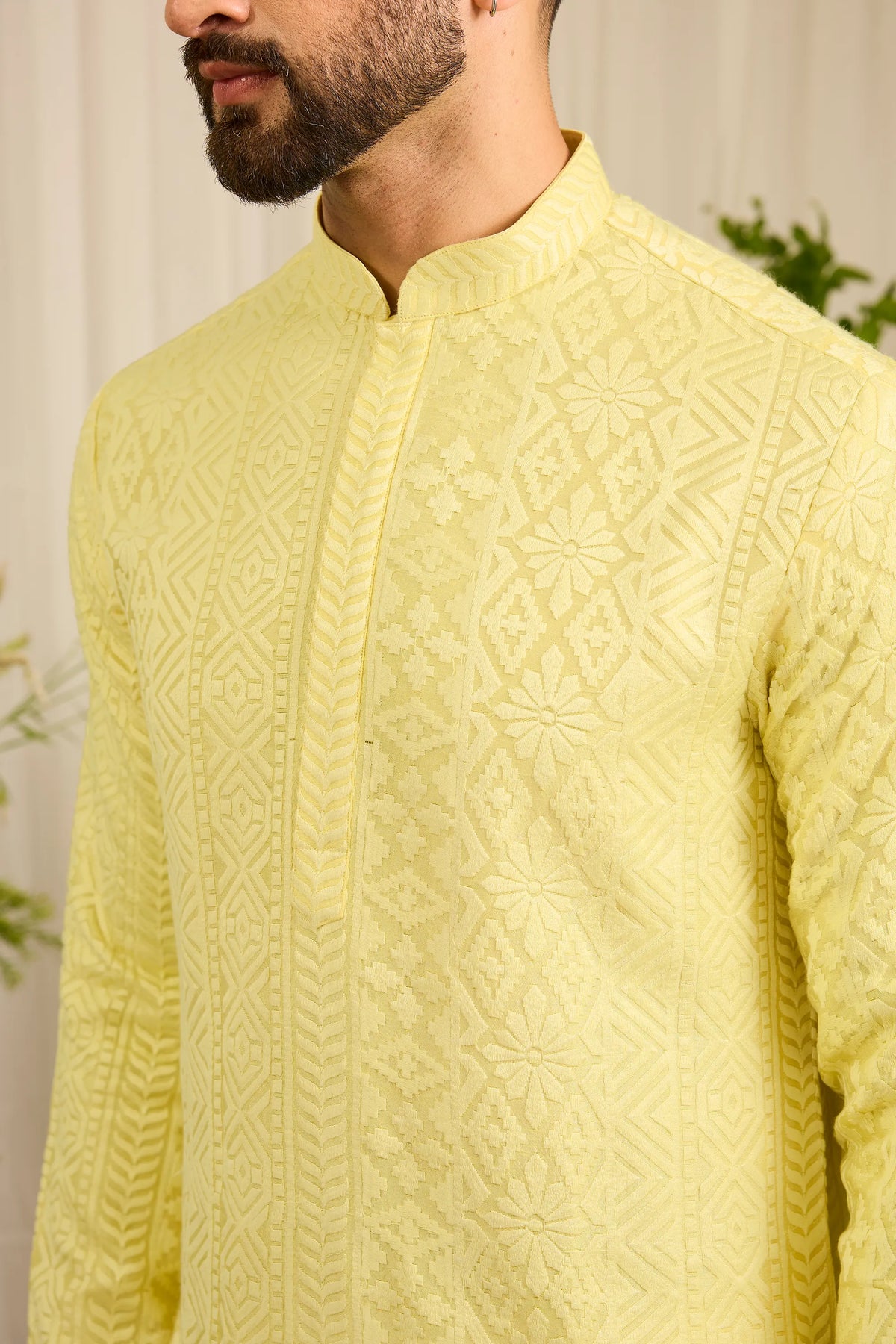 The moncler - A Classic yellow asbtract  Kurta Richly Worked in Thread
