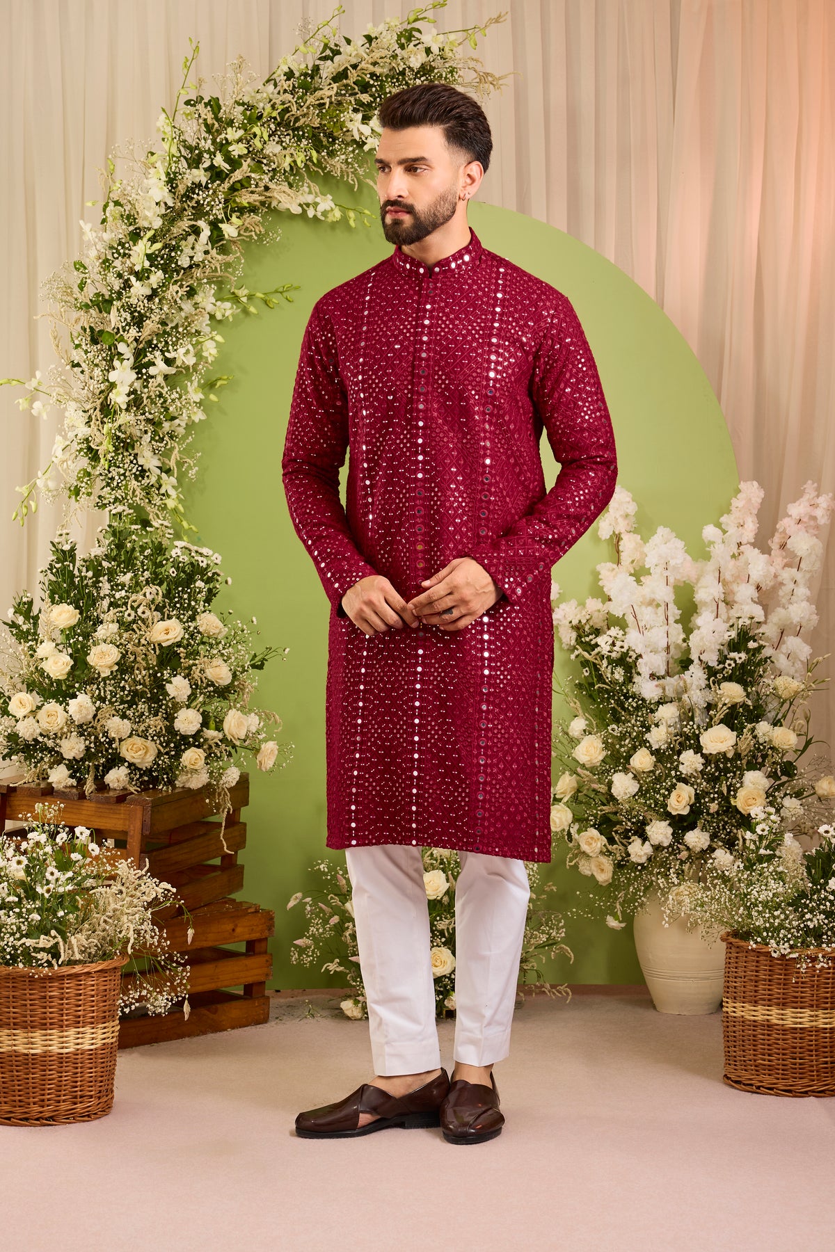 Signature maroon mirror work Kurta with Intricate red Threadwork