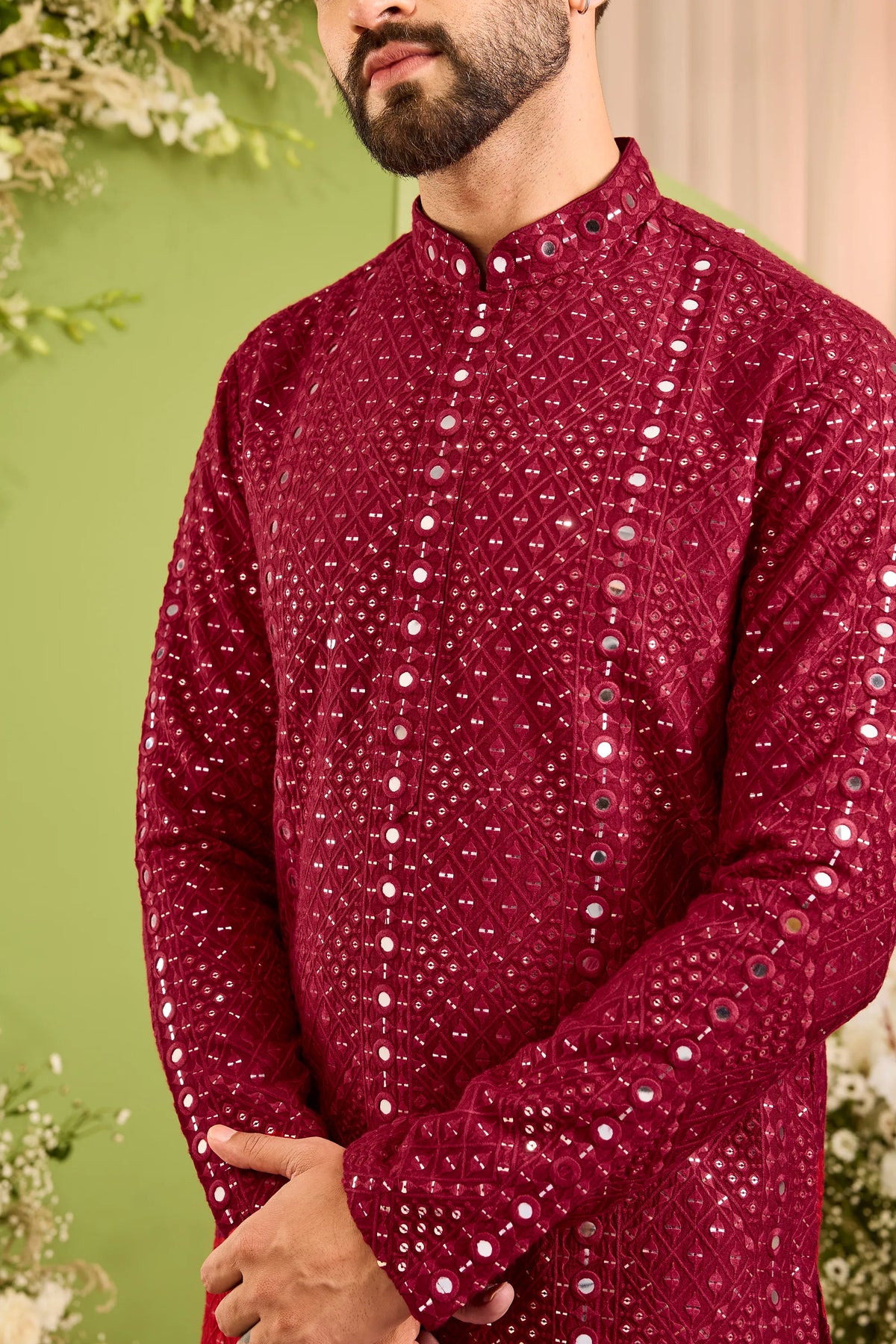 Signature maroon mirror work Kurta with Intricate red Threadwork