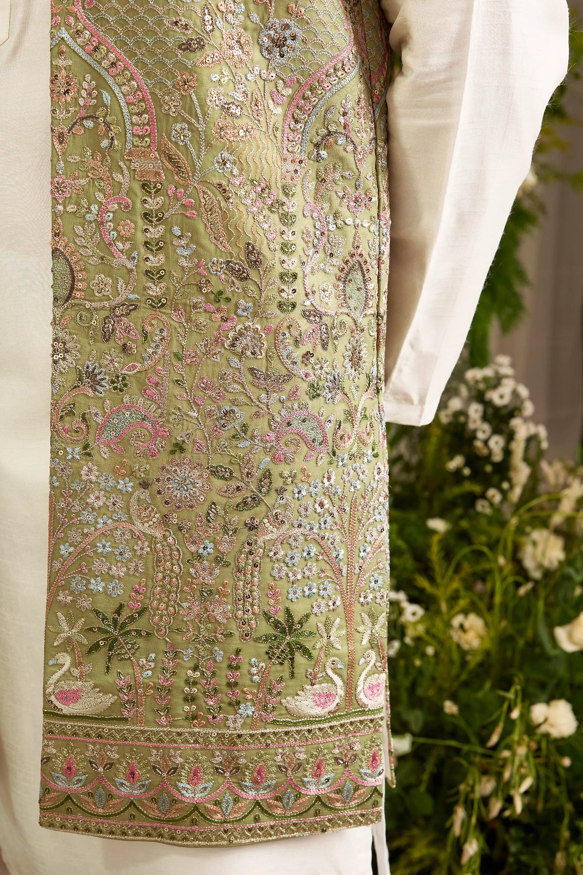 The Canopy -A Long Open Jacket with Layered Embroidery