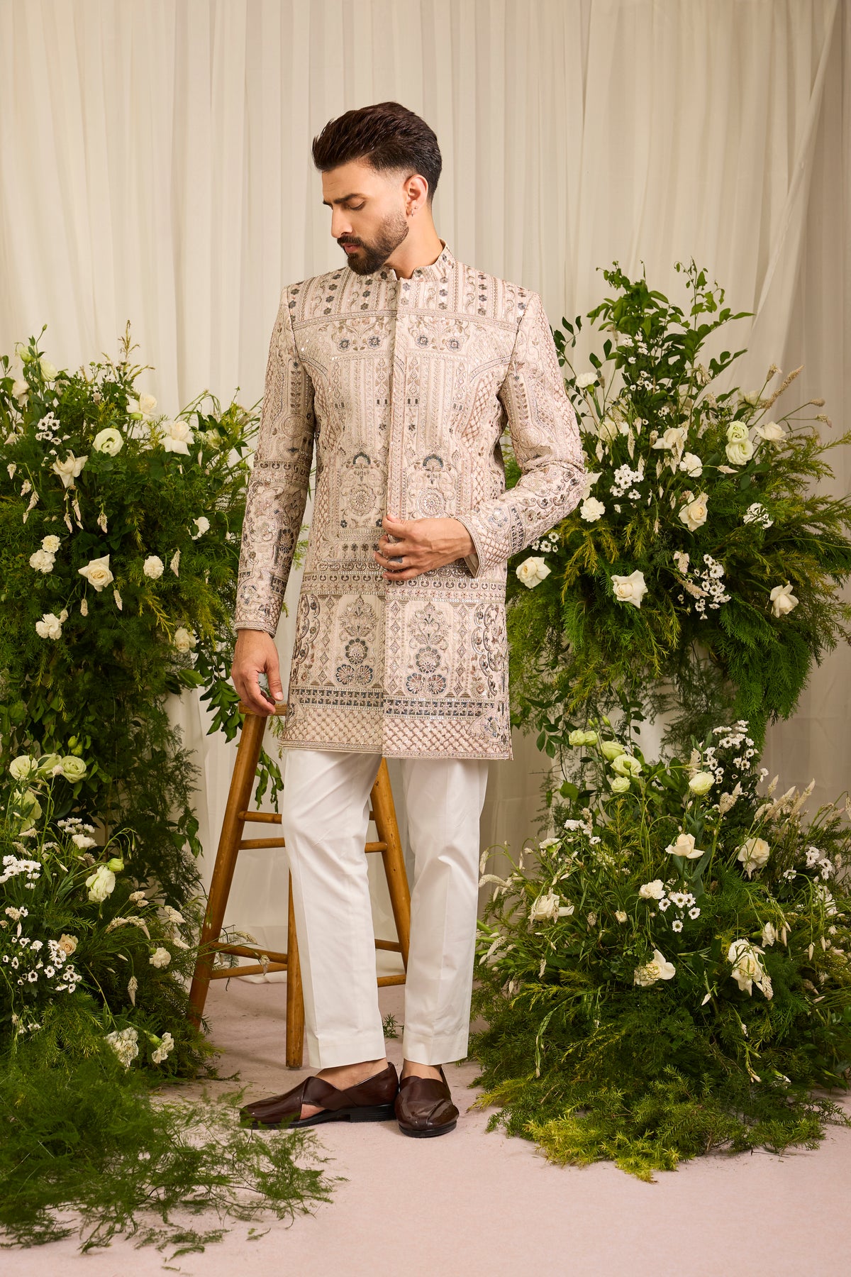 The Aurelius — A Cream Sherwani Layered with Zari, Sequins and Doori
