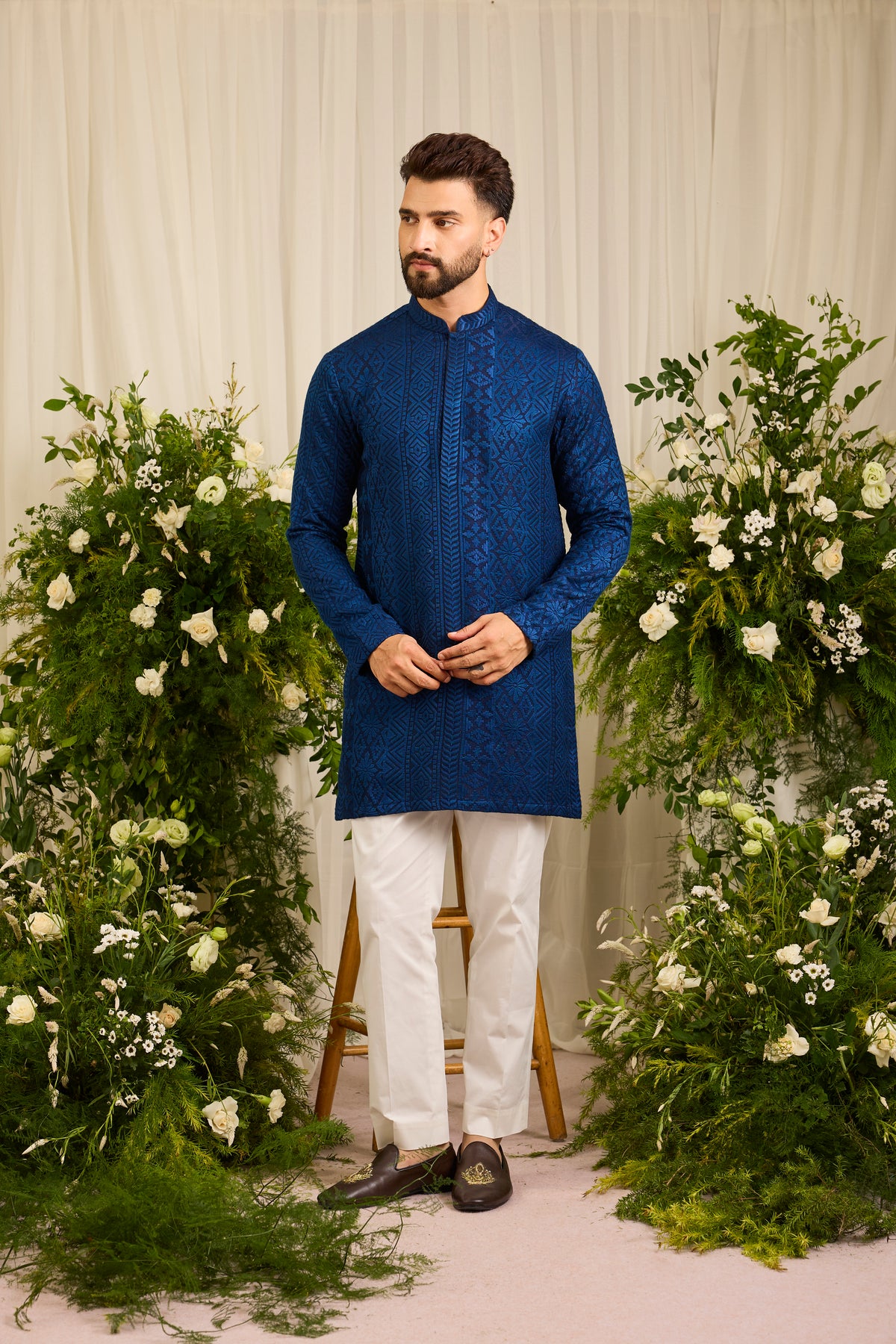 The moncler - A Classic Blue asbtract short Kurta Richly Worked in Thread