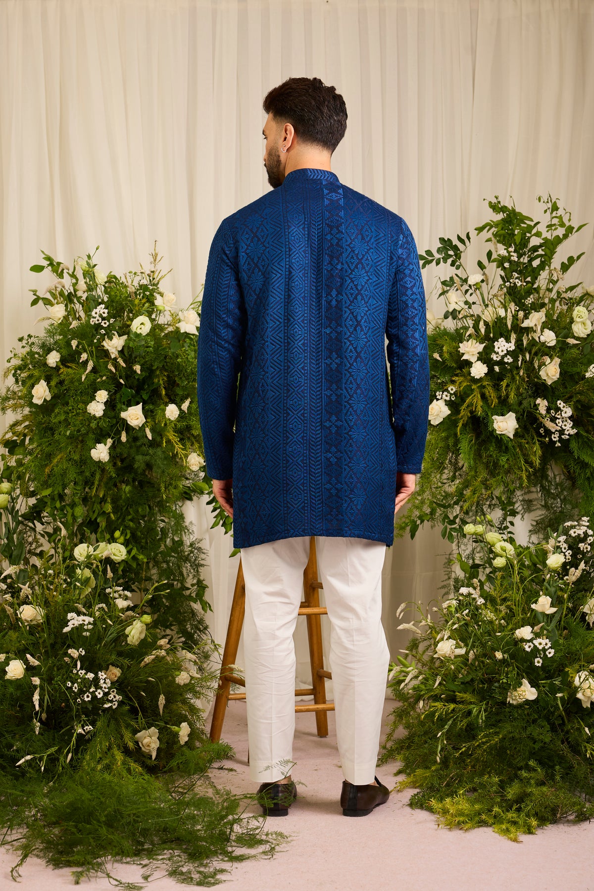 The moncler - A Classic Blue asbtract short Kurta Richly Worked in Thread