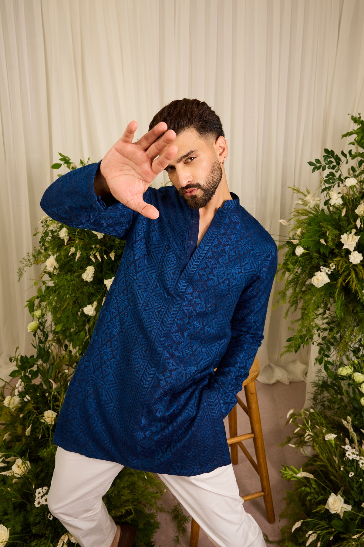 The moncler - A Classic Blue asbtract short Kurta Richly Worked in Thread
