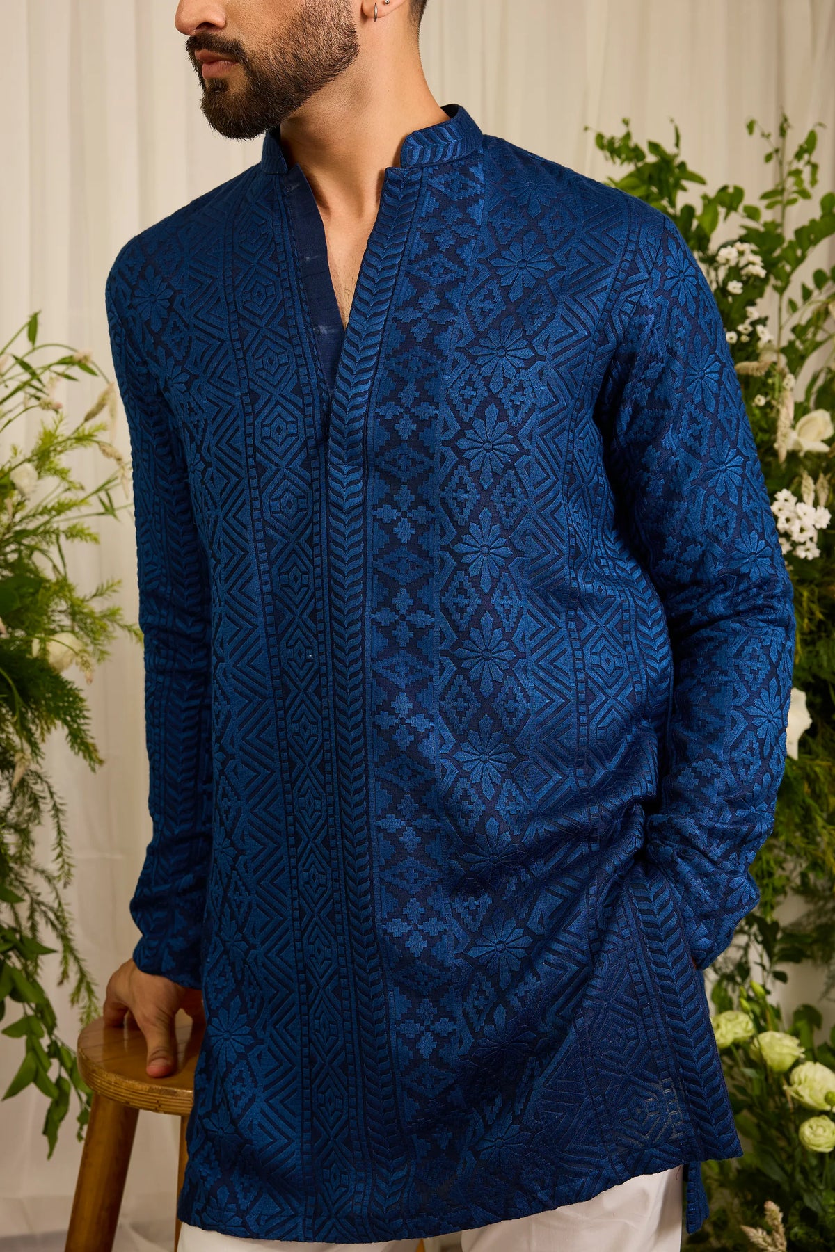 The moncler - A Classic Blue asbtract short Kurta Richly Worked in Thread
