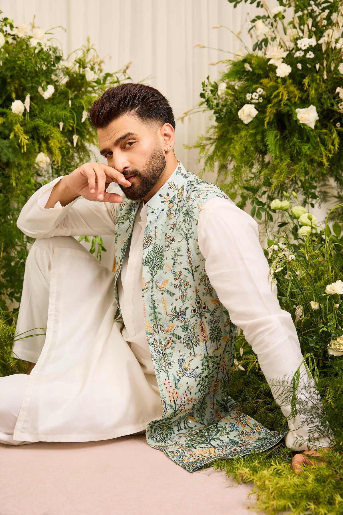 A Blue-green long open jacket Alive with Tropical Embroidery