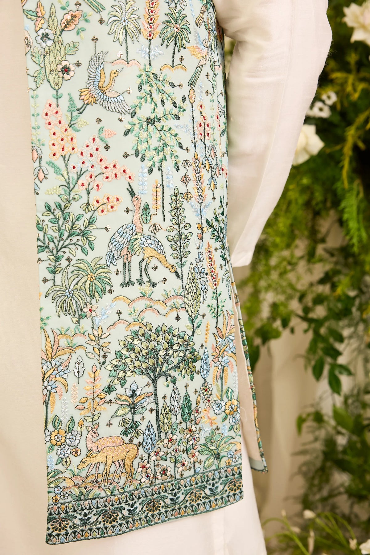 A Blue-green long open jacket Alive with Tropical Embroidery