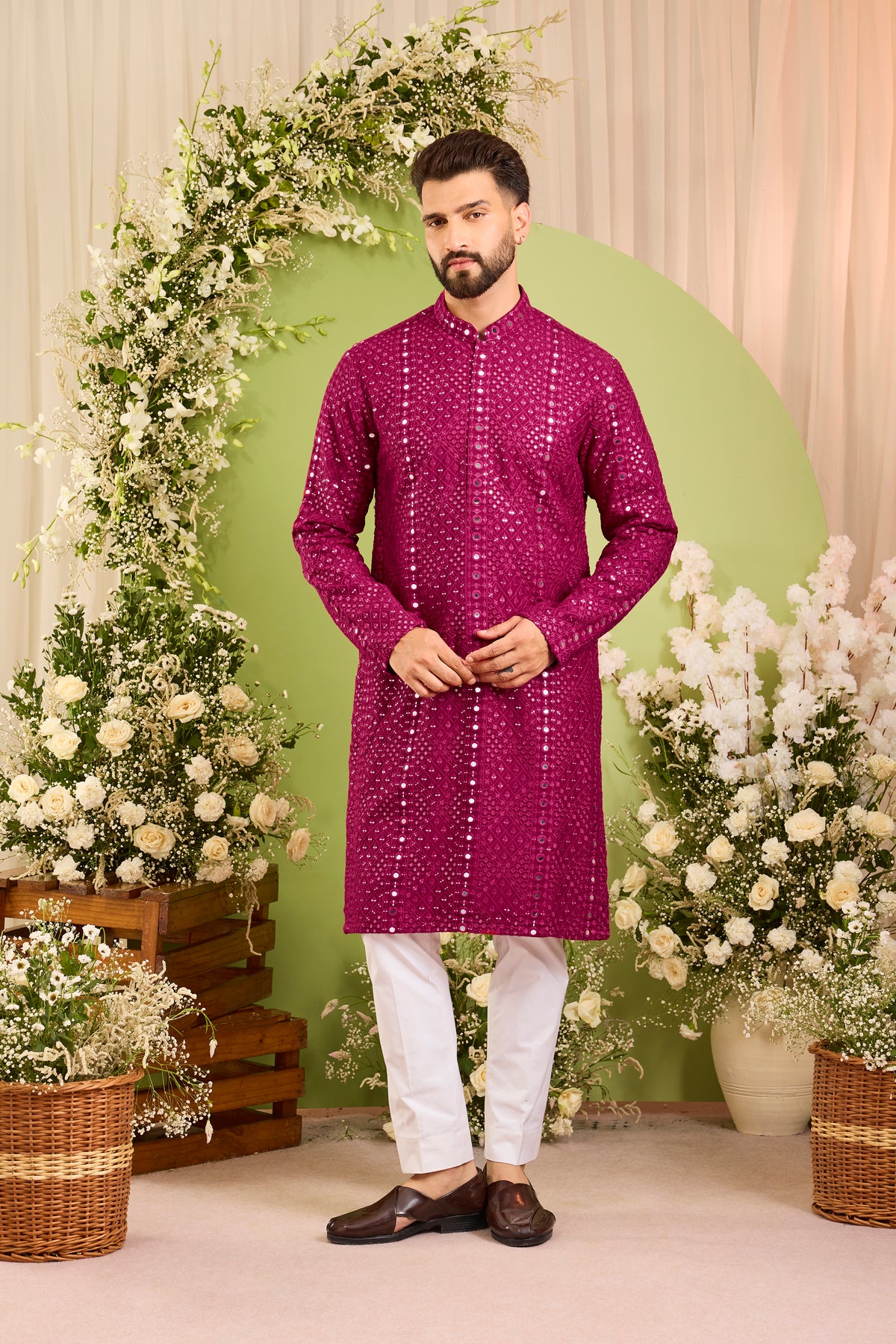 Signature hot pink mirror work Kurta with Intricate  Threadwork