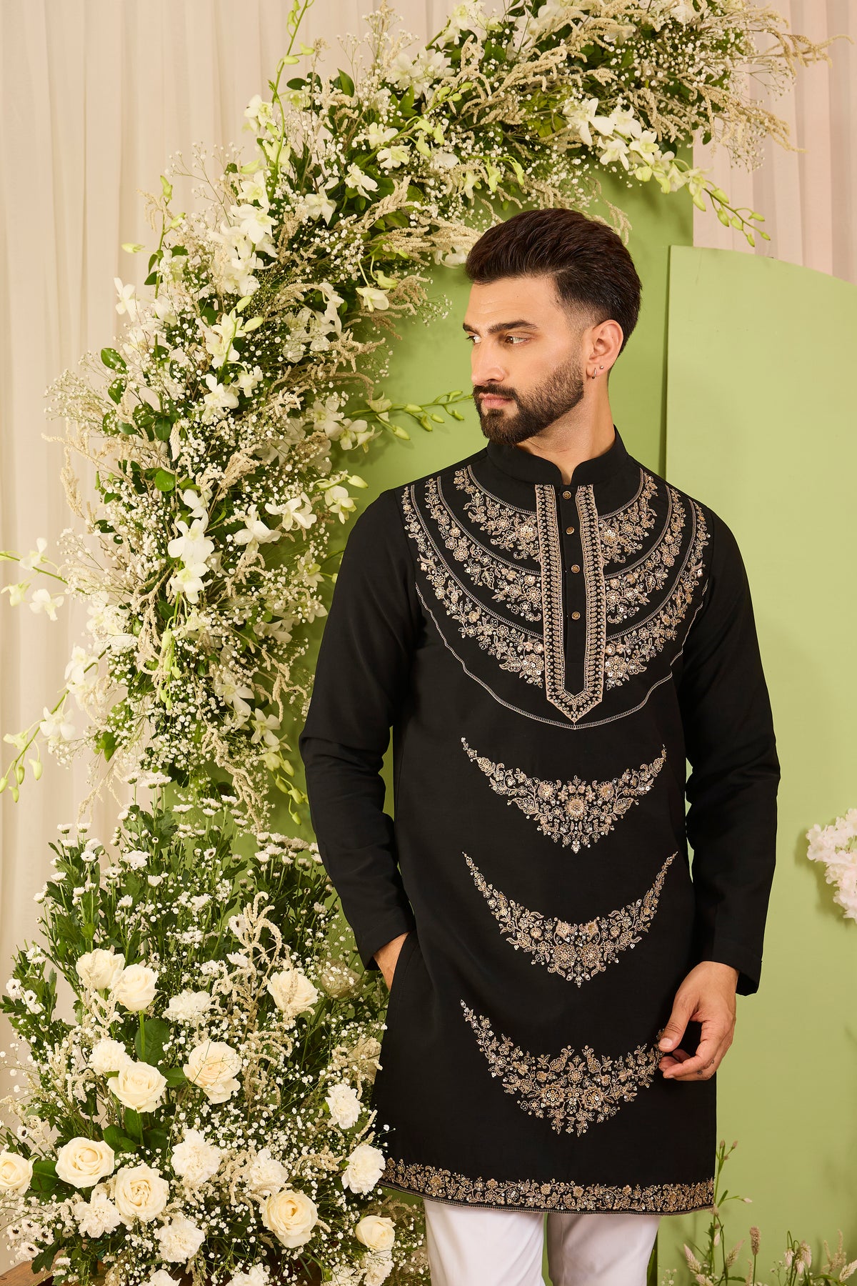 The Meridian — A Black Kurta Richly Worked in Sequins and Cut-Dana