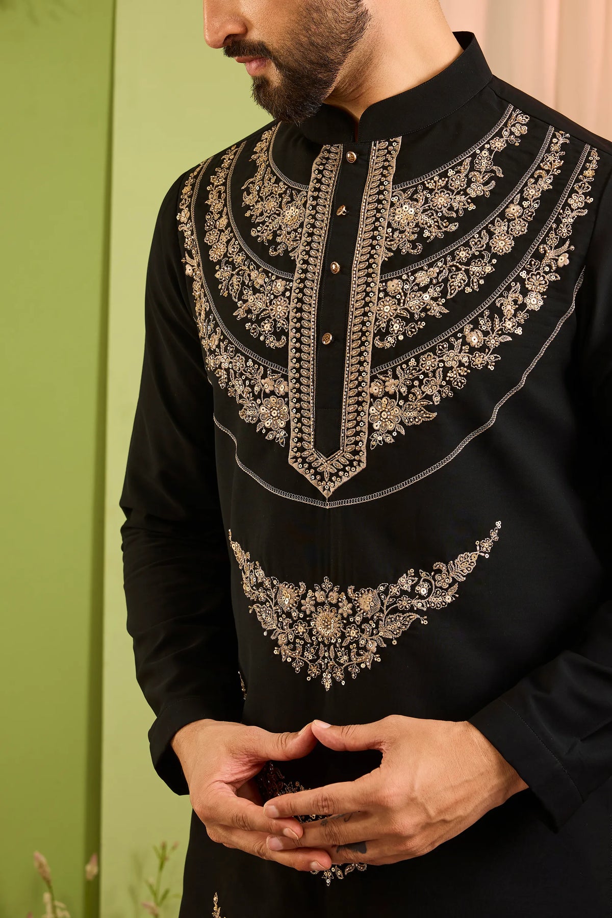 The Meridian — A Black Kurta Richly Worked in Sequins and Cut-Dana