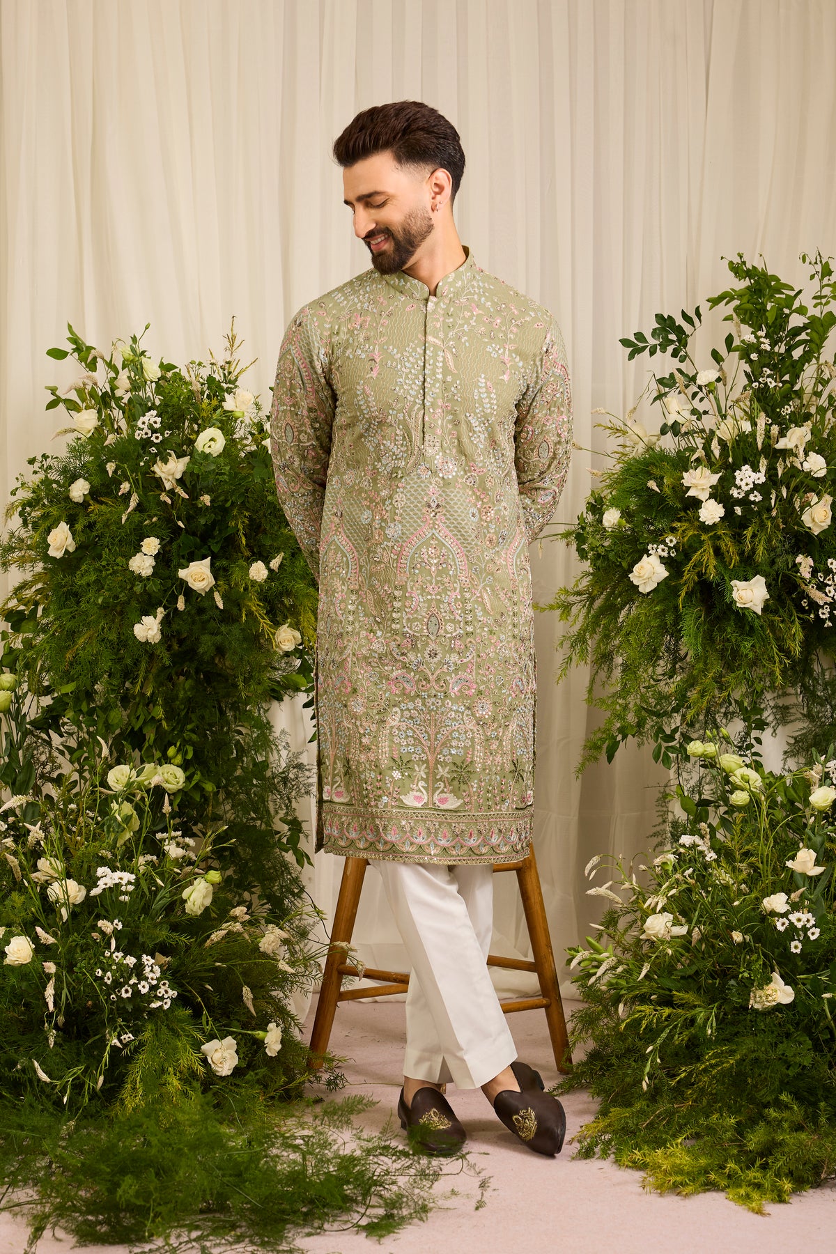 The Canopy - pastel green kurta  with Layered Embroidery