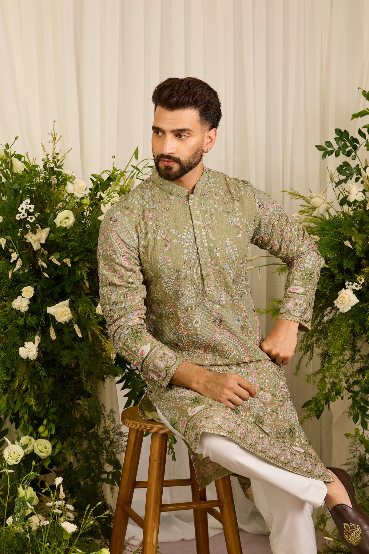 The Canopy - pastel green kurta  with Layered Embroidery
