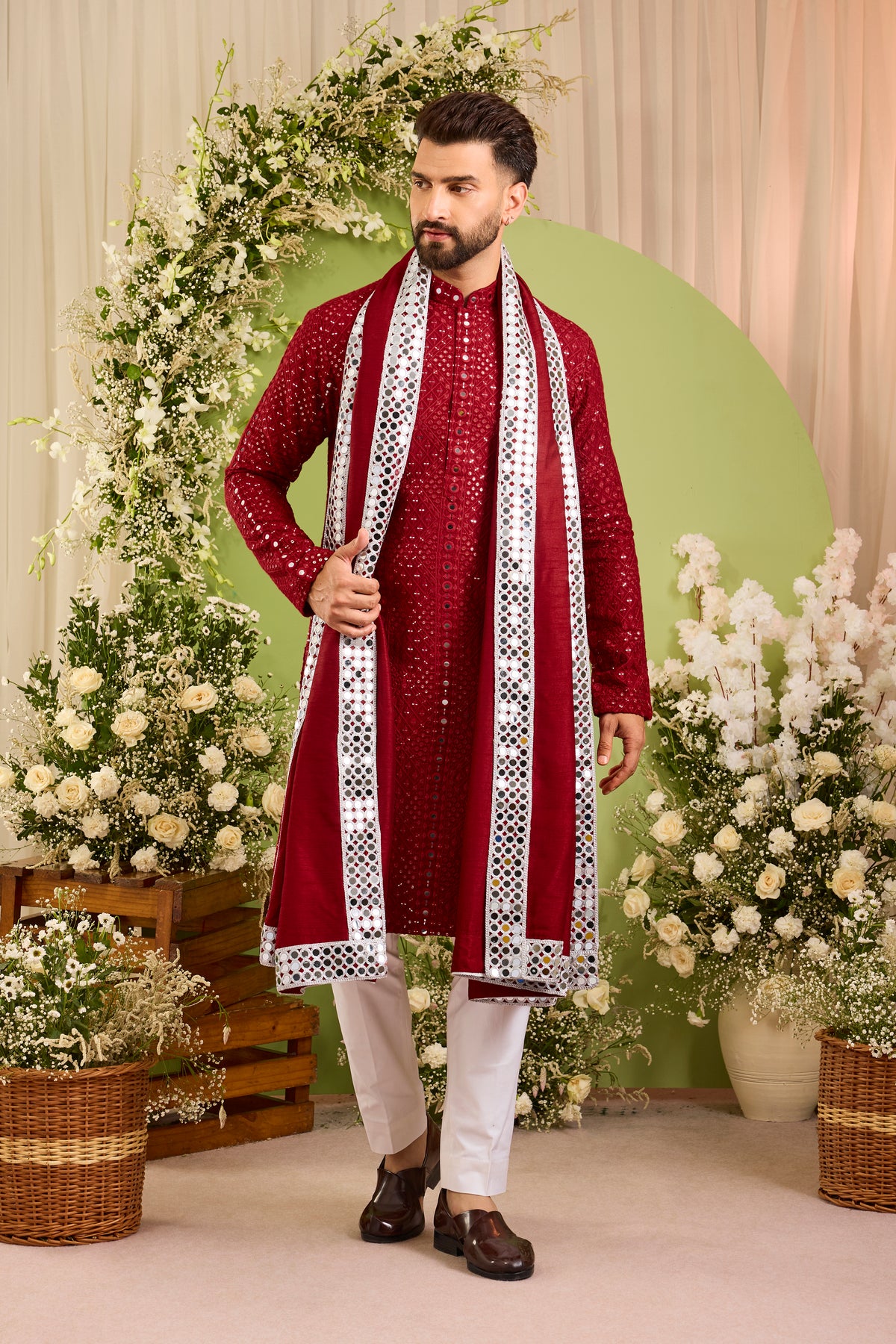 Signature maroon mirror work Kurta with Intricate mirror work stole