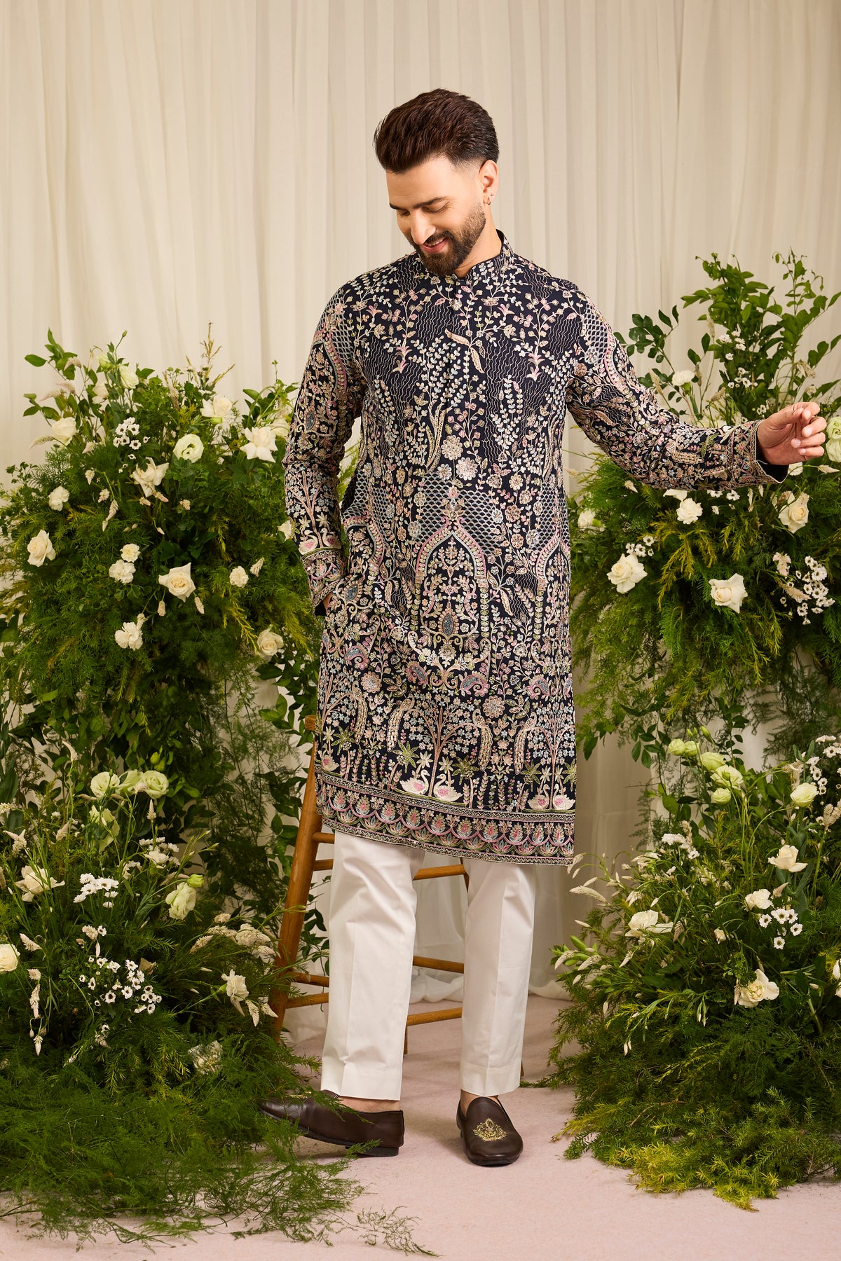 The Canopy - navy blue kurta with Layered Embroidery