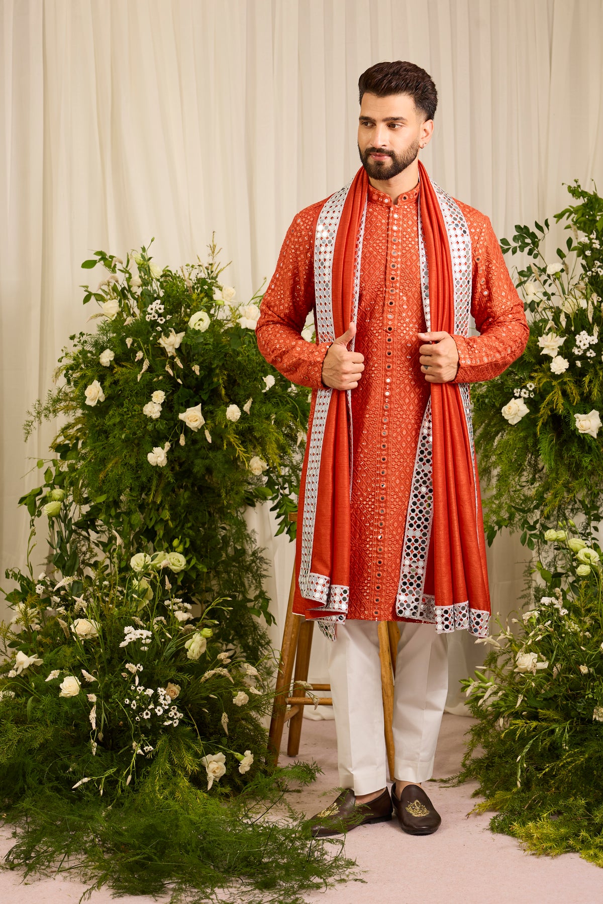 Signature rust orange mirror work Kurta with Intricate mirror work stole