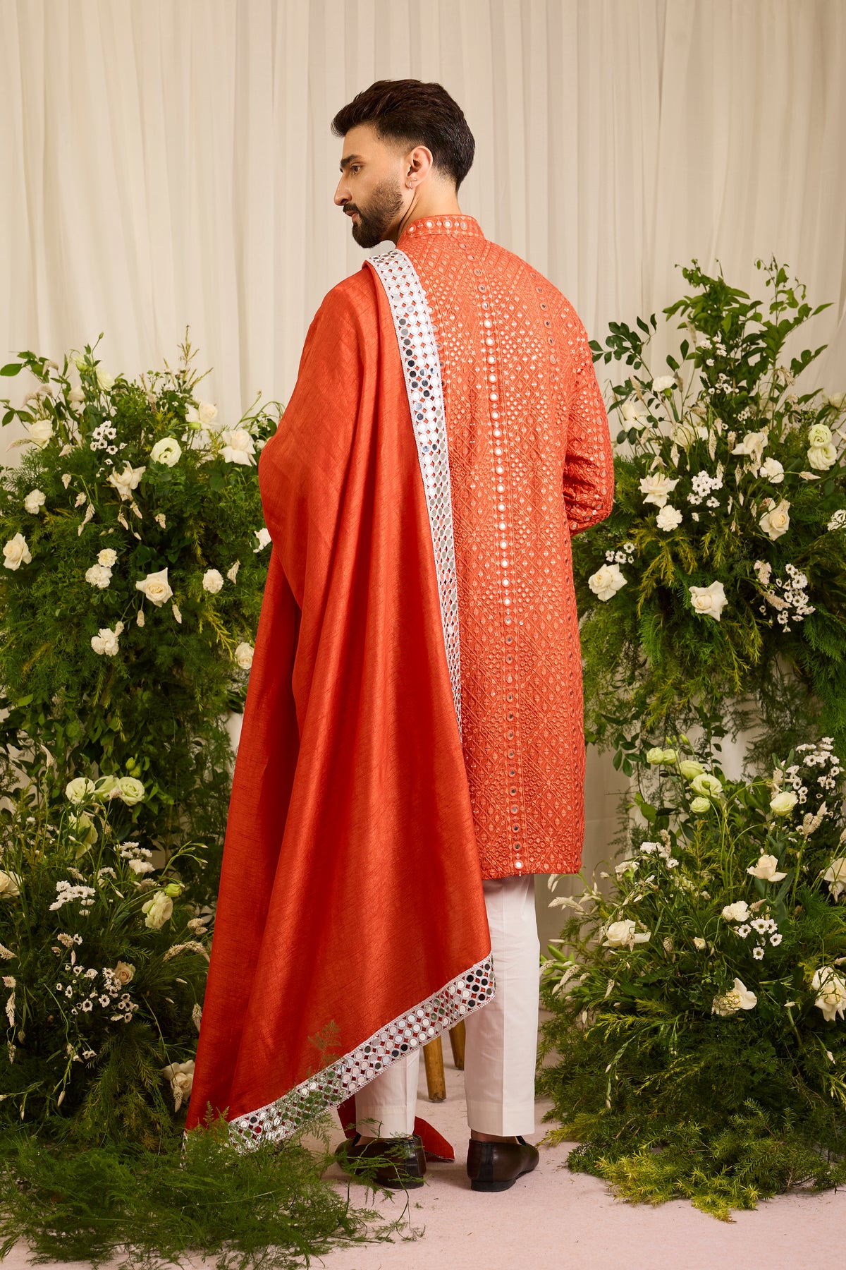 Signature rust orange mirror work Kurta with Intricate mirror work stole